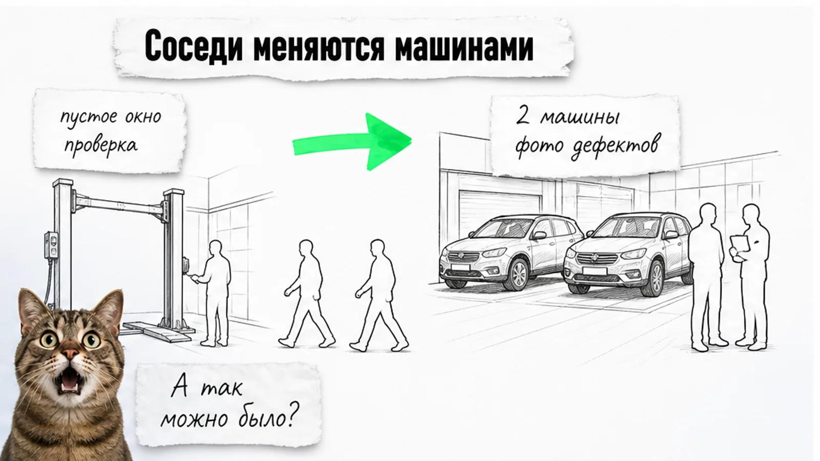 Автосервис и автопарк рядом, между ними зелёная стрелка и водитель с автомобилем