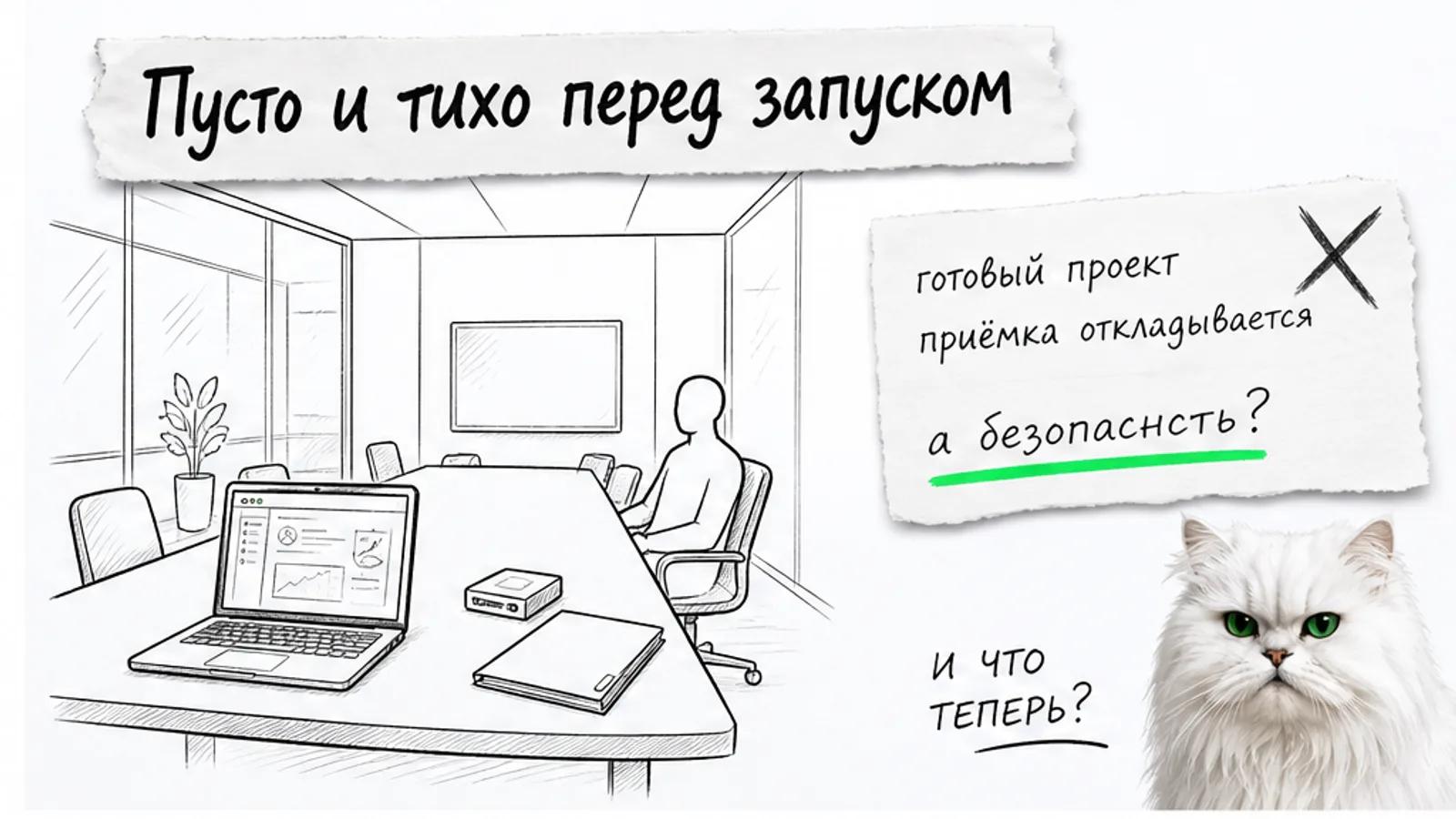Пустая зона презентации веб-студии с тестовым сервером и одним силуэтом клиента, рядом скептичный кот.