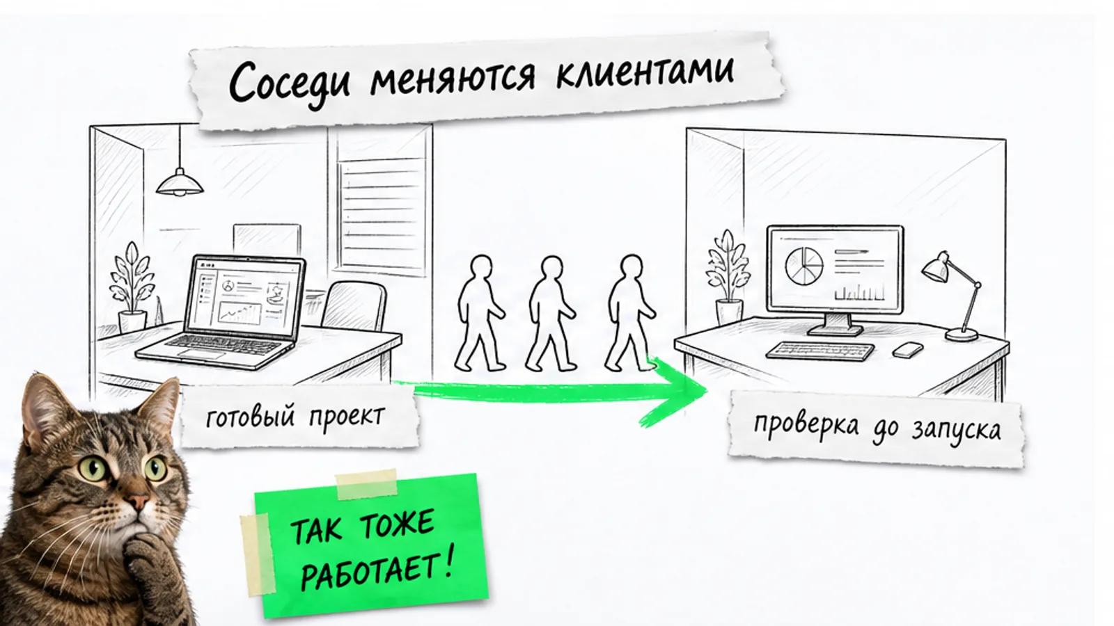 Веб-студия и компания по безопасности соединены зелёной стрелкой, между ними идут силуэты клиентов.