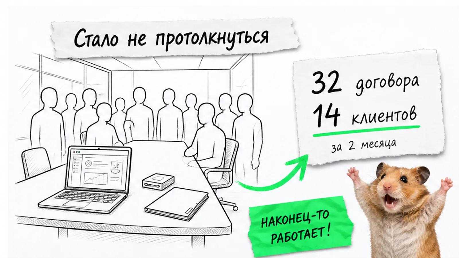 Та же зона веб-студии заполнена людьми, рядом карточки с числами 32 договора и 14 клиентов и торжествующий хомяк.