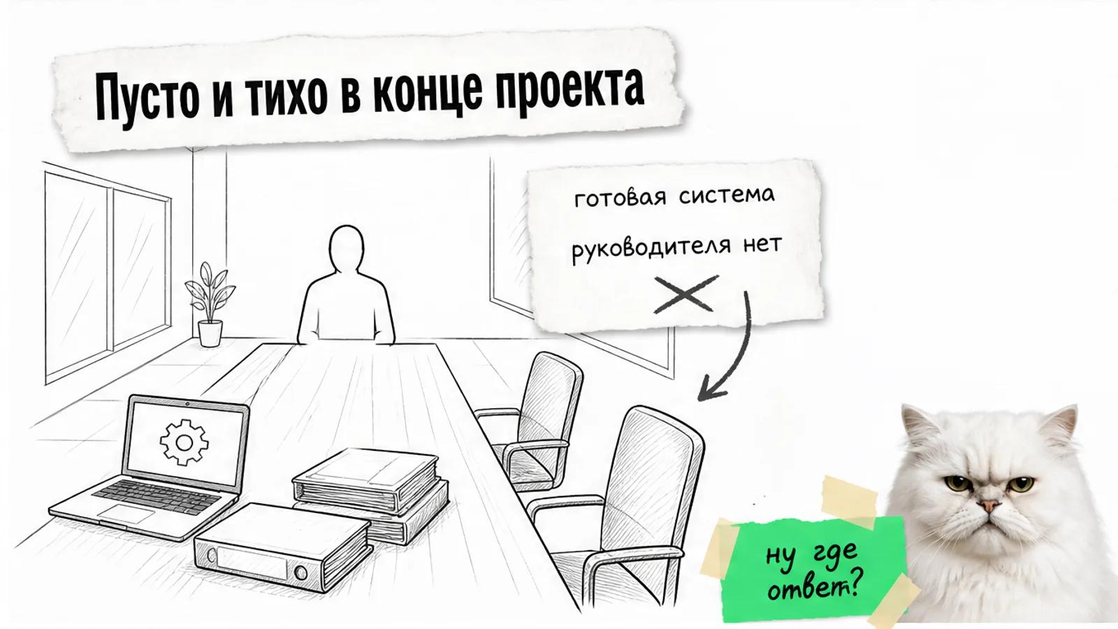 Пустая переговорная с готовой системой, регламентами и одним владельцем компании, рядом скептичный кот.