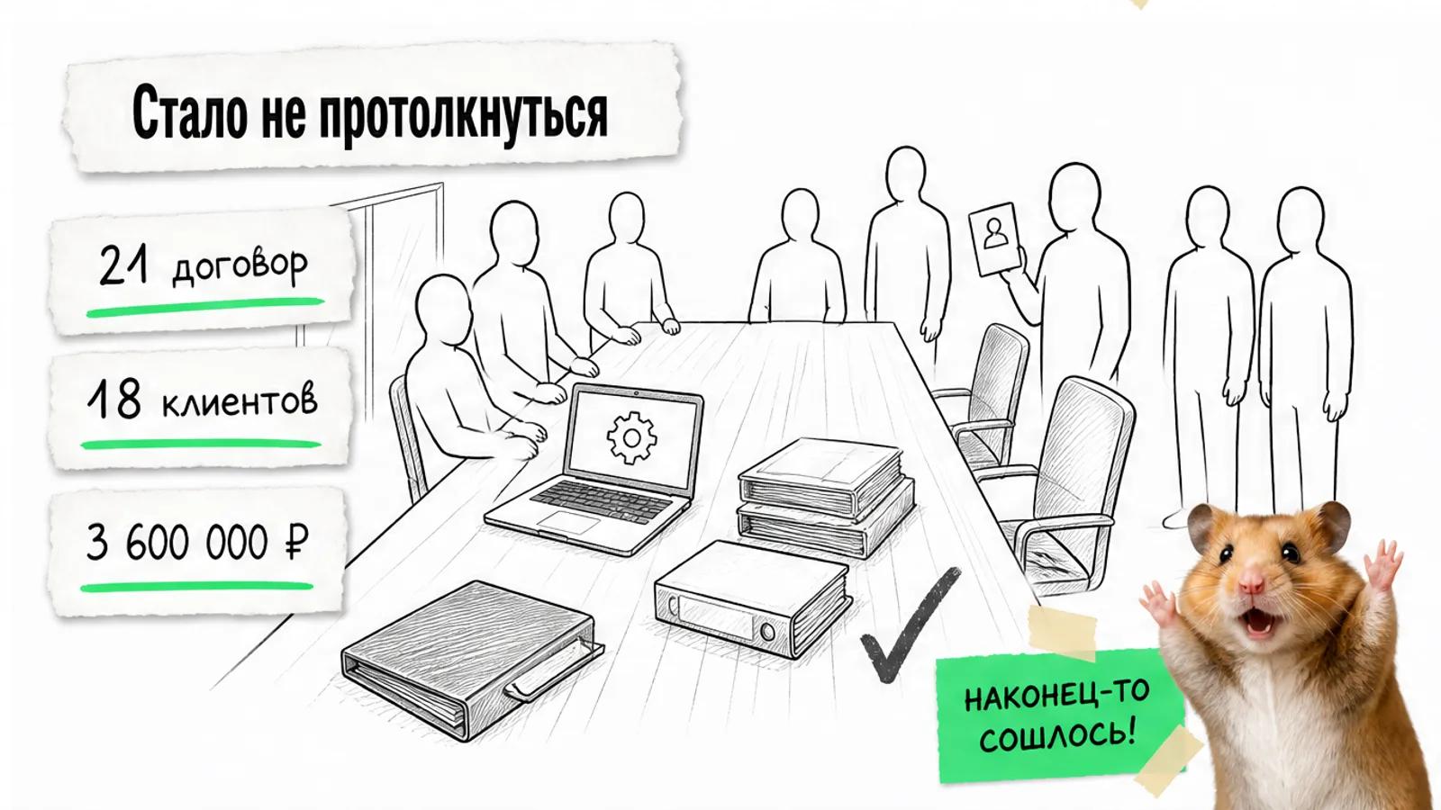 Та же переговорная заполнена людьми, рядом карточки с 21 договором, 18 клиентами и 3 600 000 ₽.