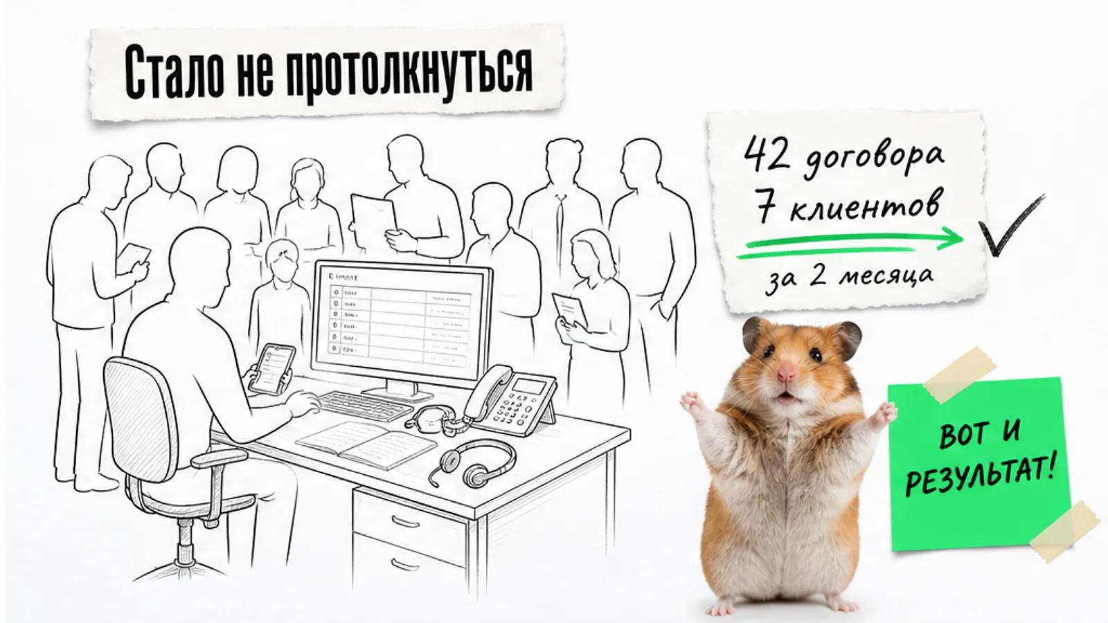 Тот же офис продаж теперь полон силуэтами людей, рядом показаны 42 договора и 7 клиентов и торжествующий кот.