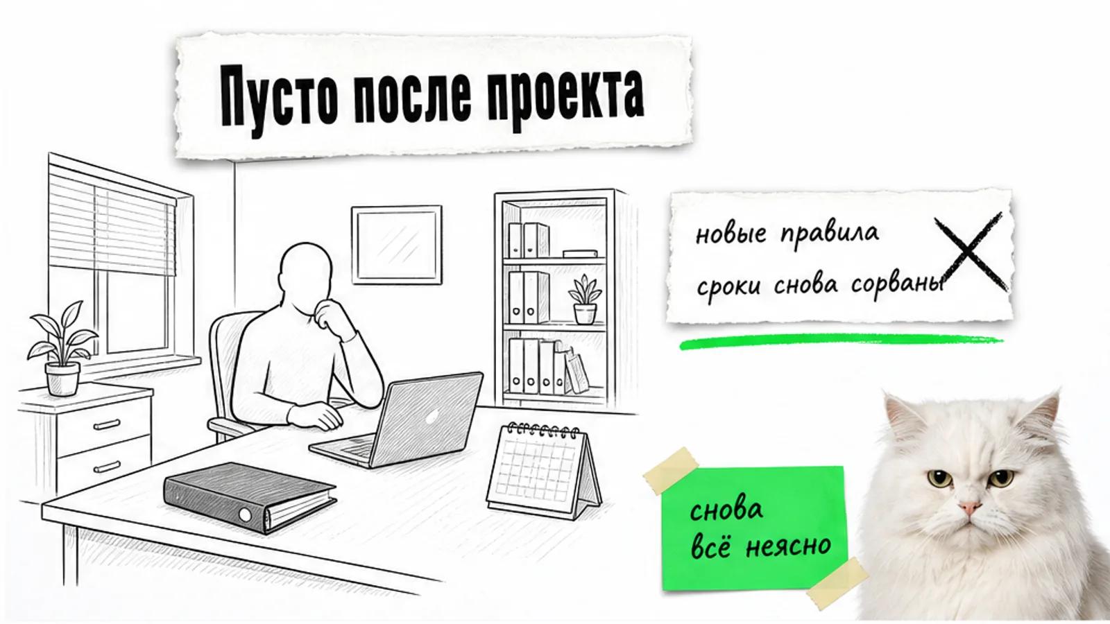 Пустой кабинет с рабочим столом, один силуэт собственника и скептичный белый кот.