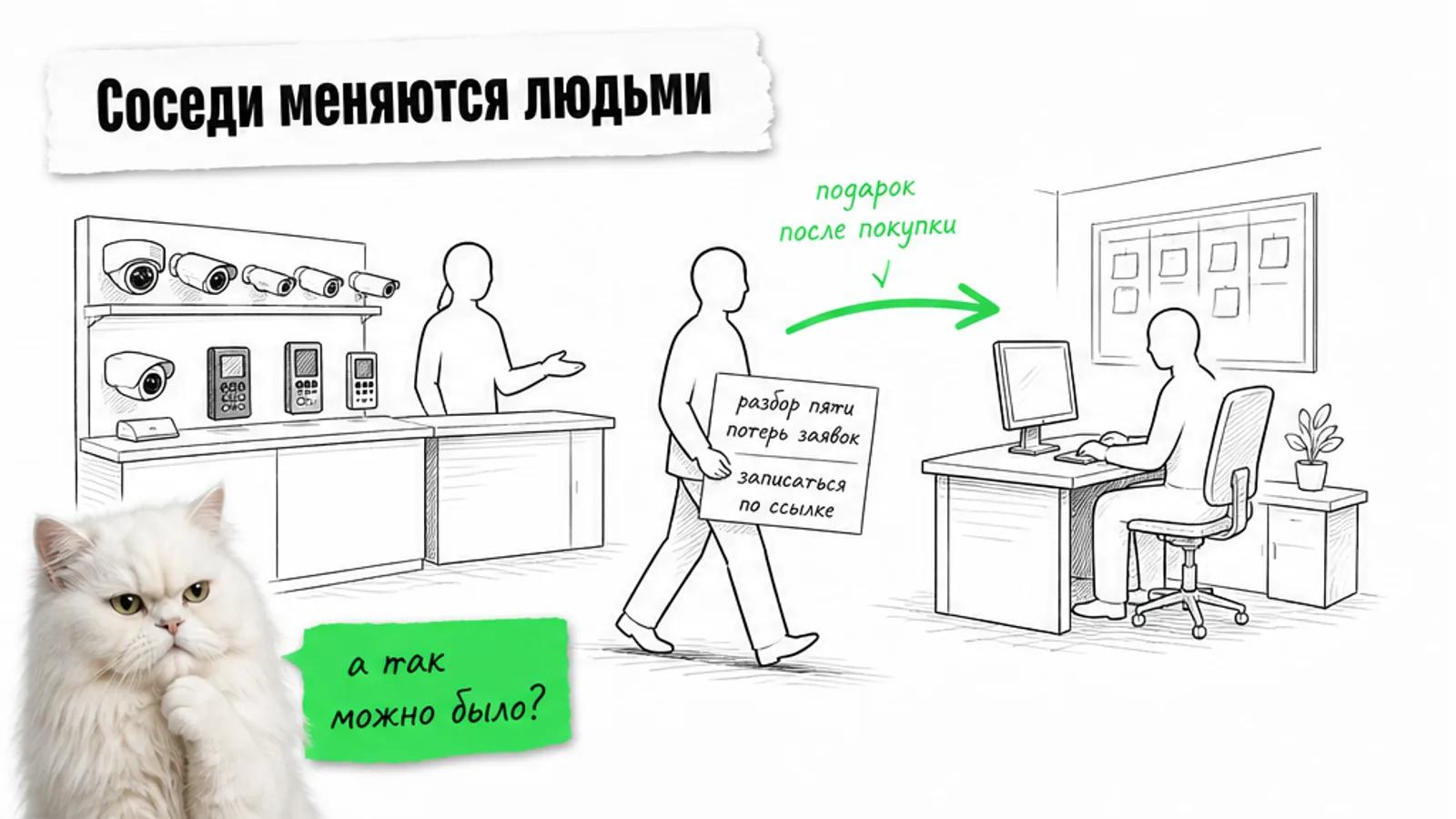 Менеджер интегратора и специалист ИТ-компании передают клиенту сертификат, зелёная стрелка ведёт между ними.