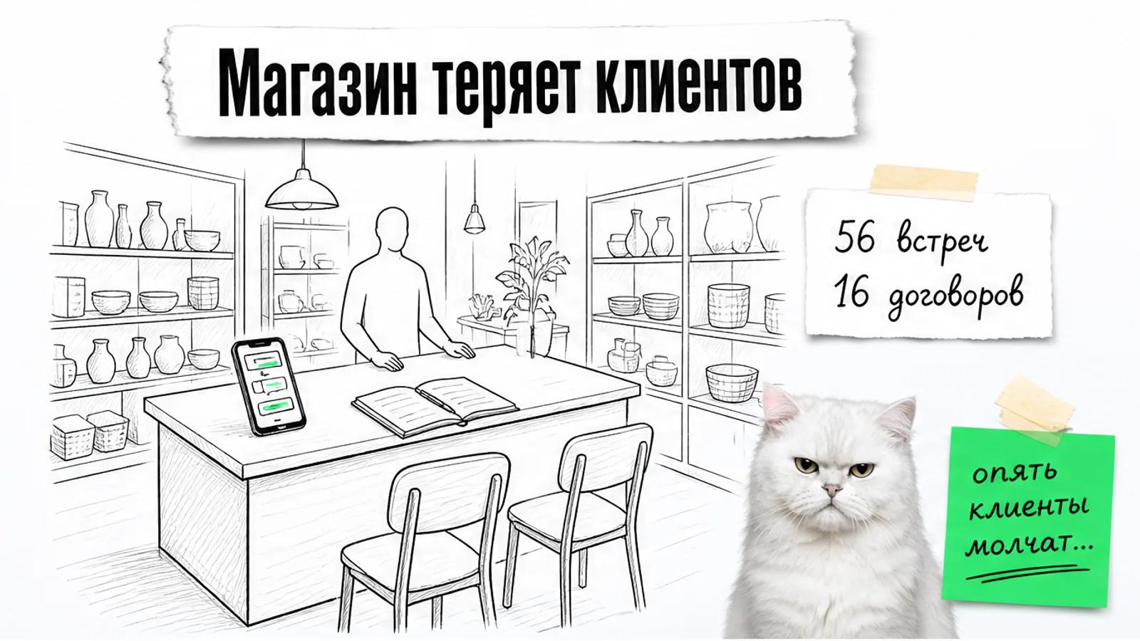 Пустой магазин товаров для дома, один силуэт владельца и карточка с результатами встреч.