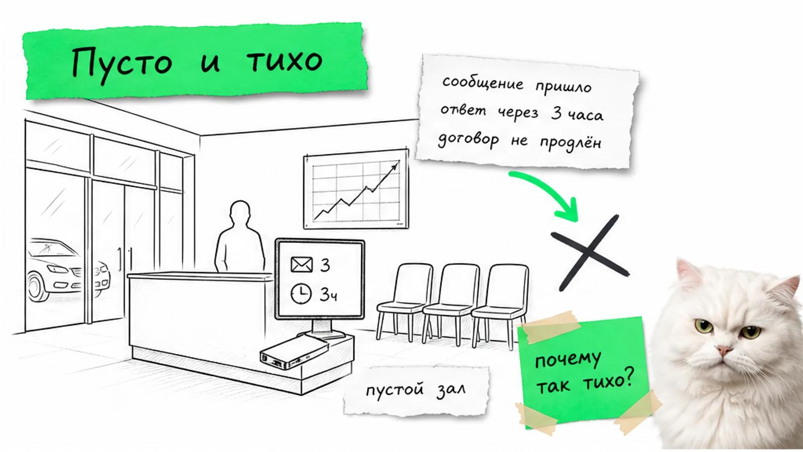 Пустой автосалон с непрочитанными сообщениями, один силуэт менеджера и скептичный кот.