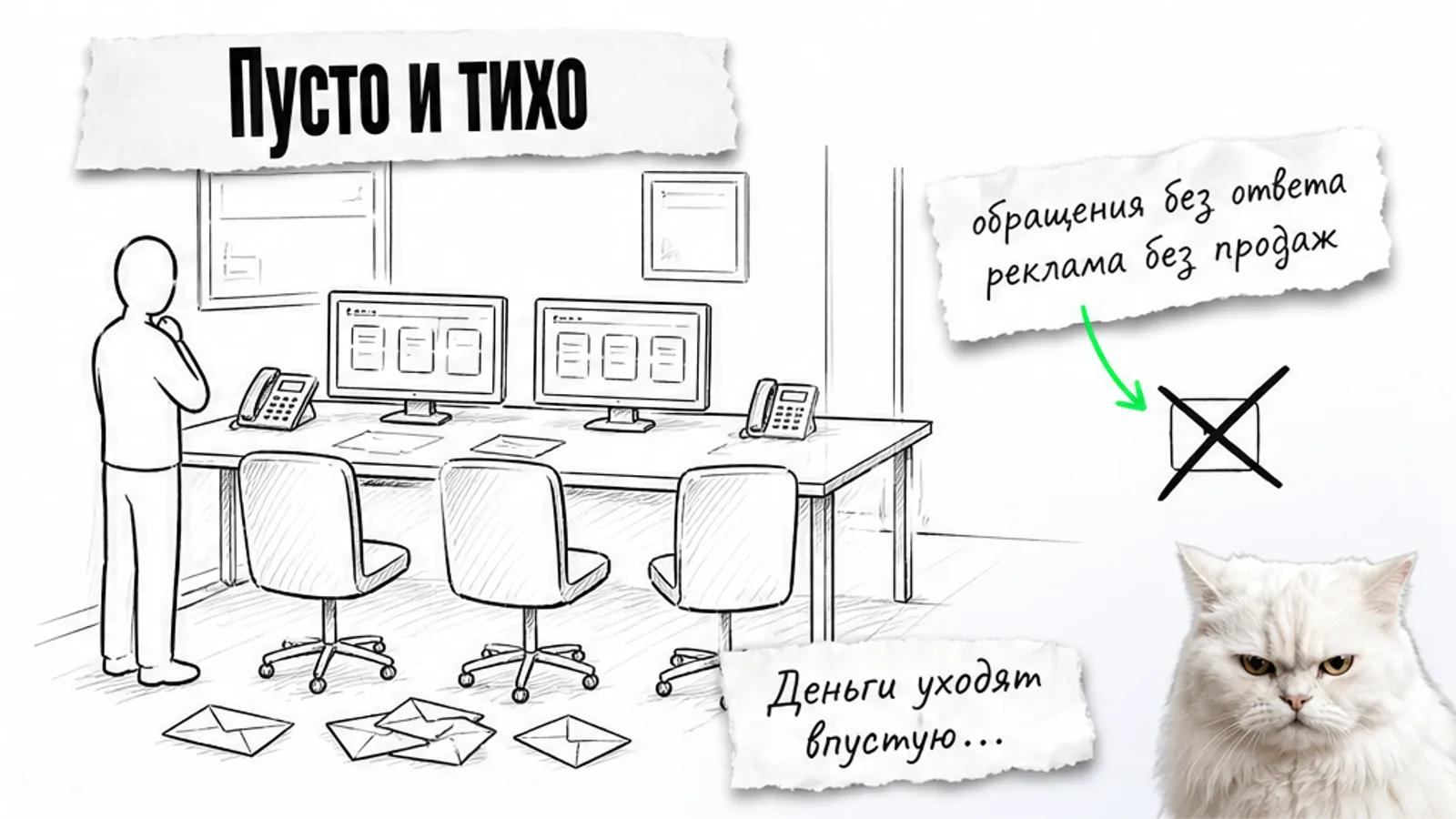 Пустой офис агентства с мониторами, креслами и одной фигурой владельца.