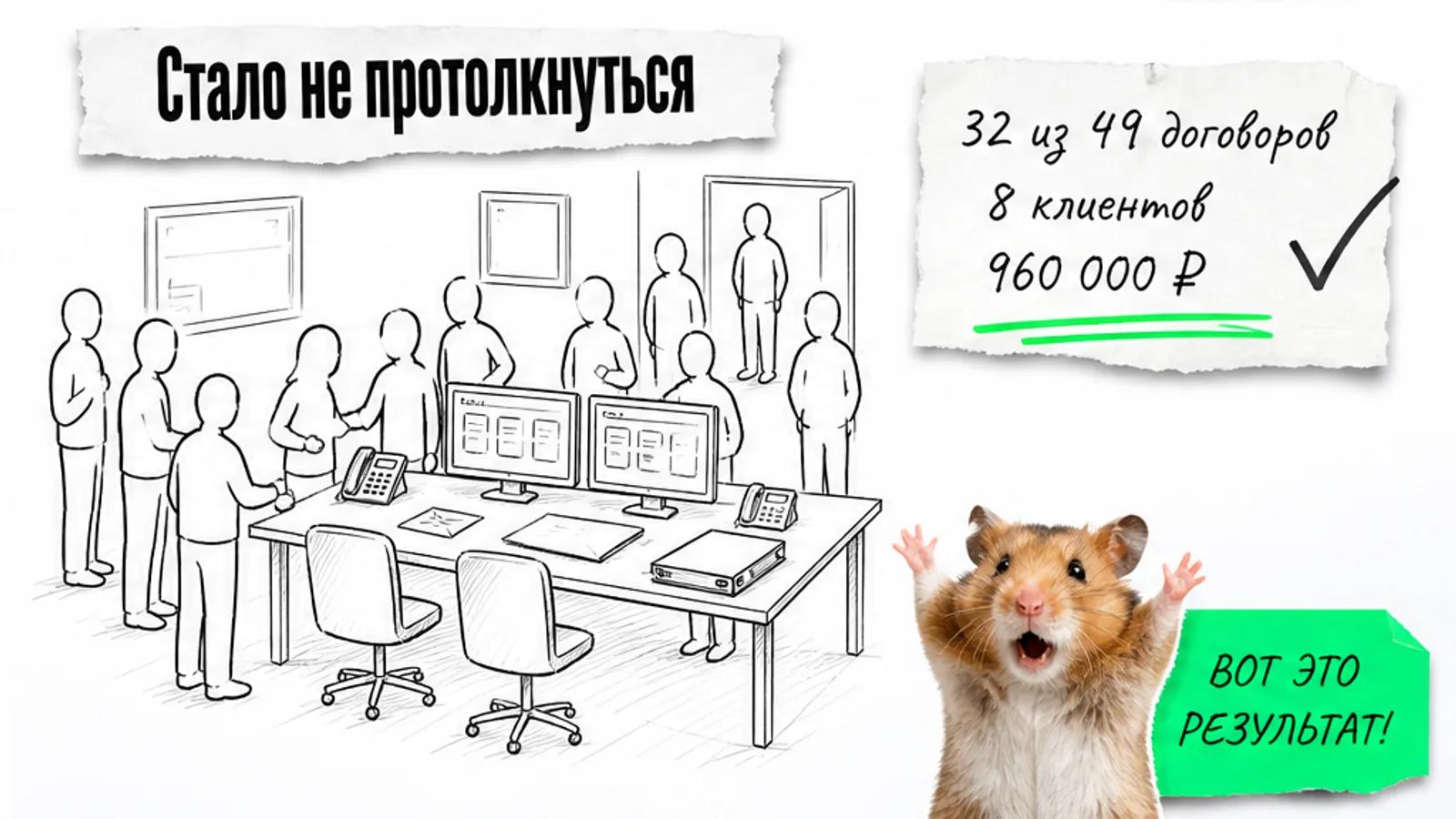 Тот же офис заполнен людьми, рядом показаны 32 договора и 8 клиентов.