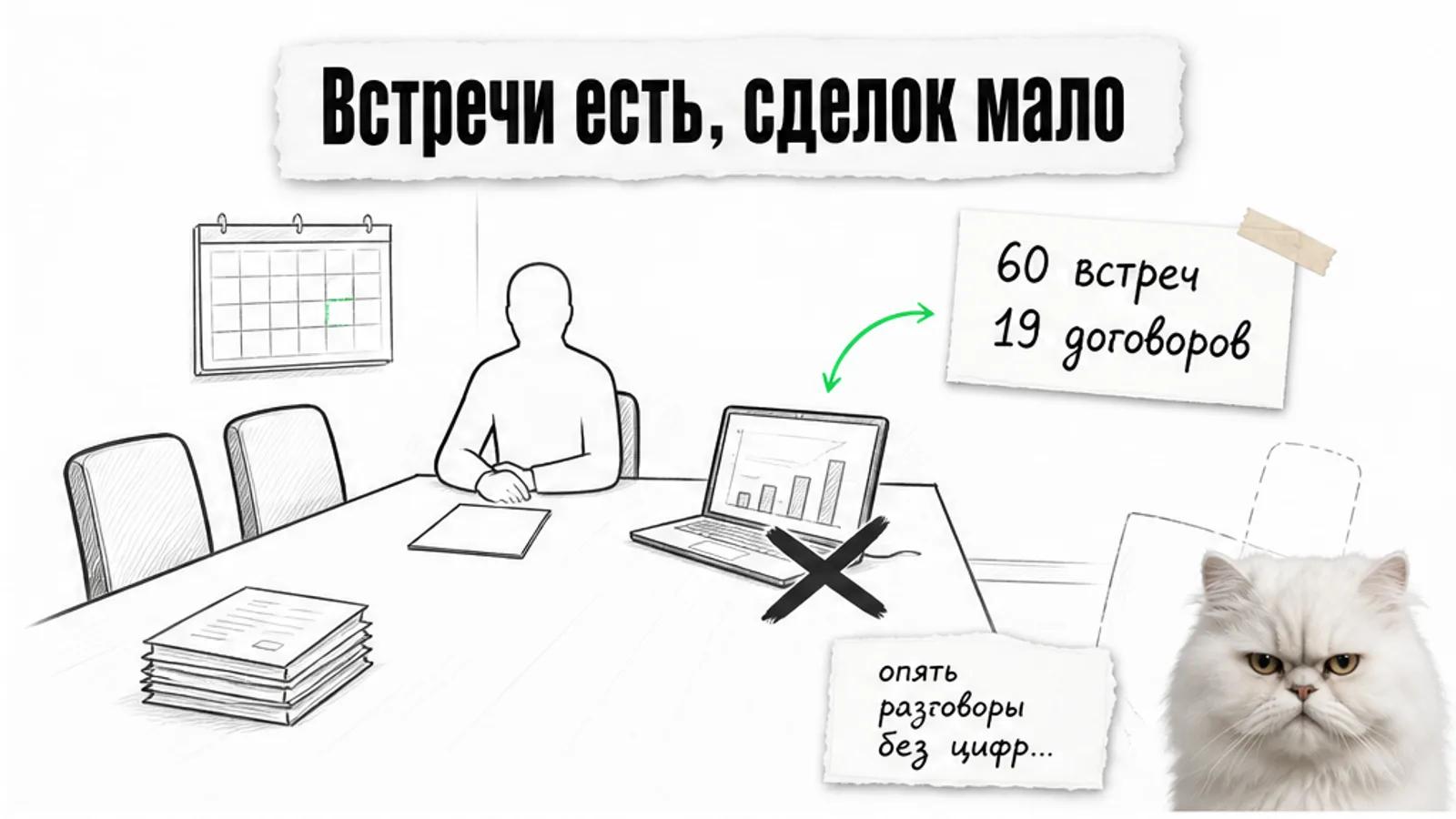 Пустая переговорная бухгалтерии с одним владельцем, графиком поступлений и котом со скептическим взглядом.