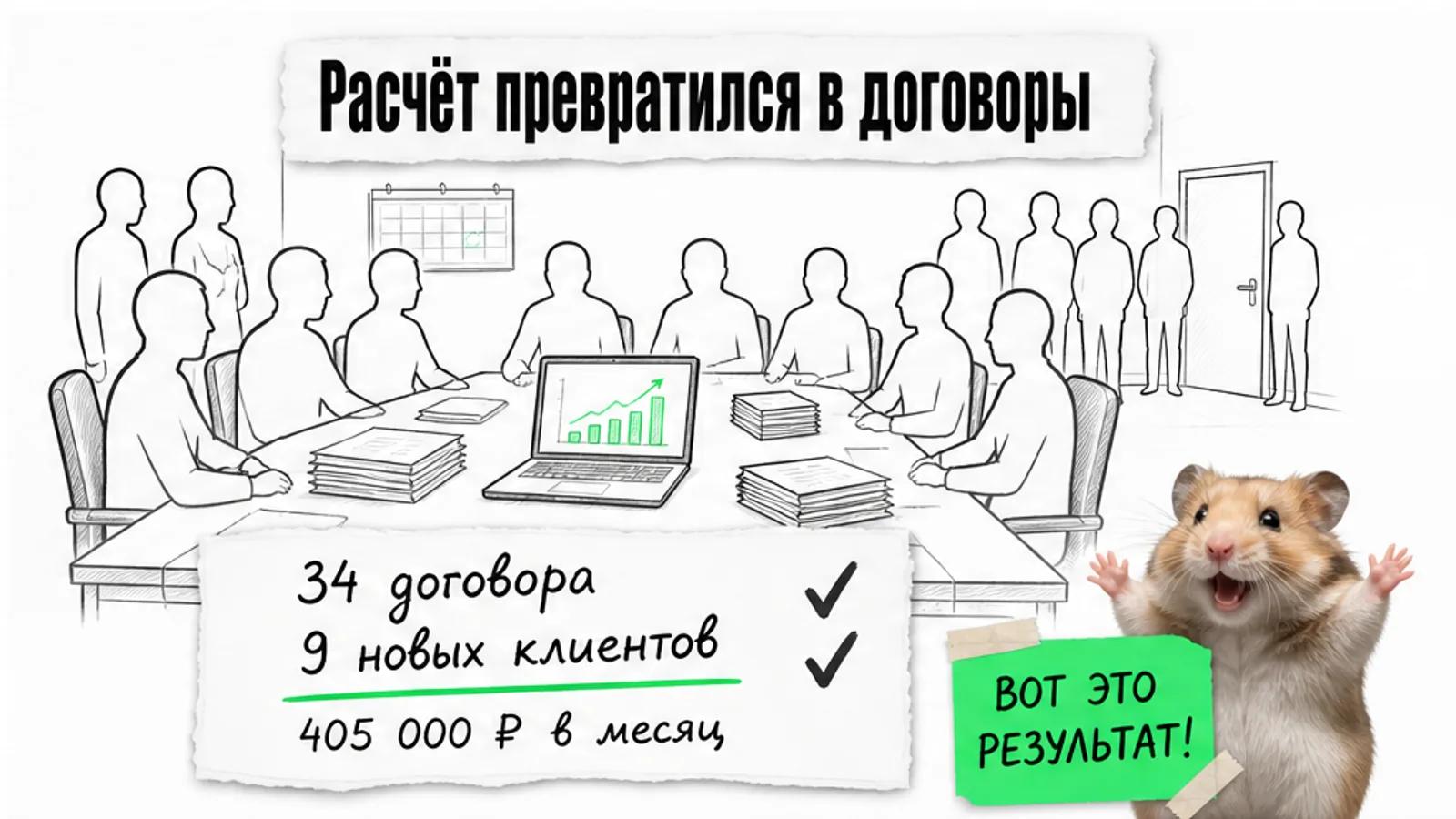 Та же переговорная заполнена владельцами бизнеса, на карточке указаны 34 договора и девять новых клиентов.