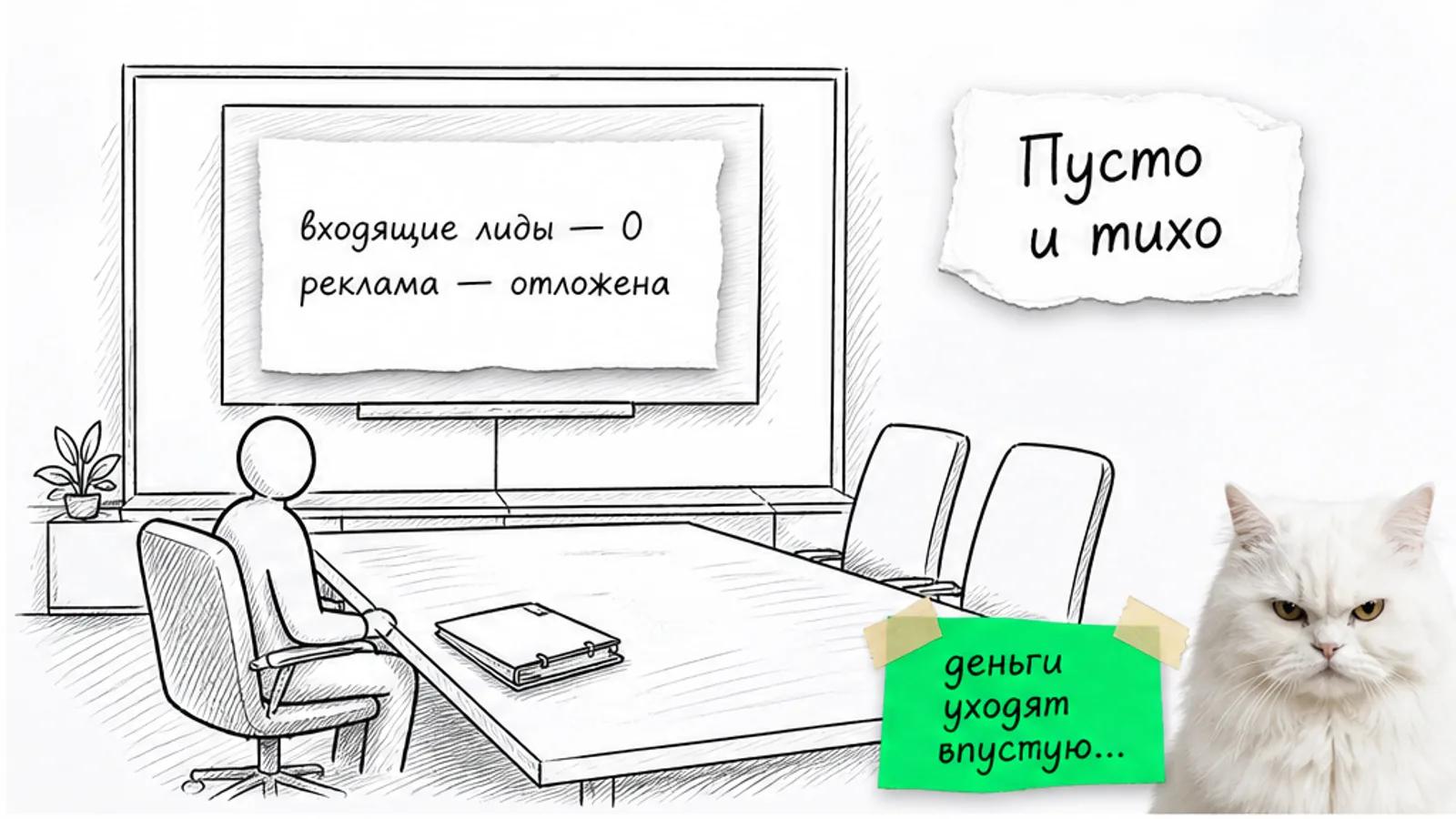 Пустая переговорная с экраном системы управления клиентами и одним силуэтом менеджера, рядом скептичный кот.