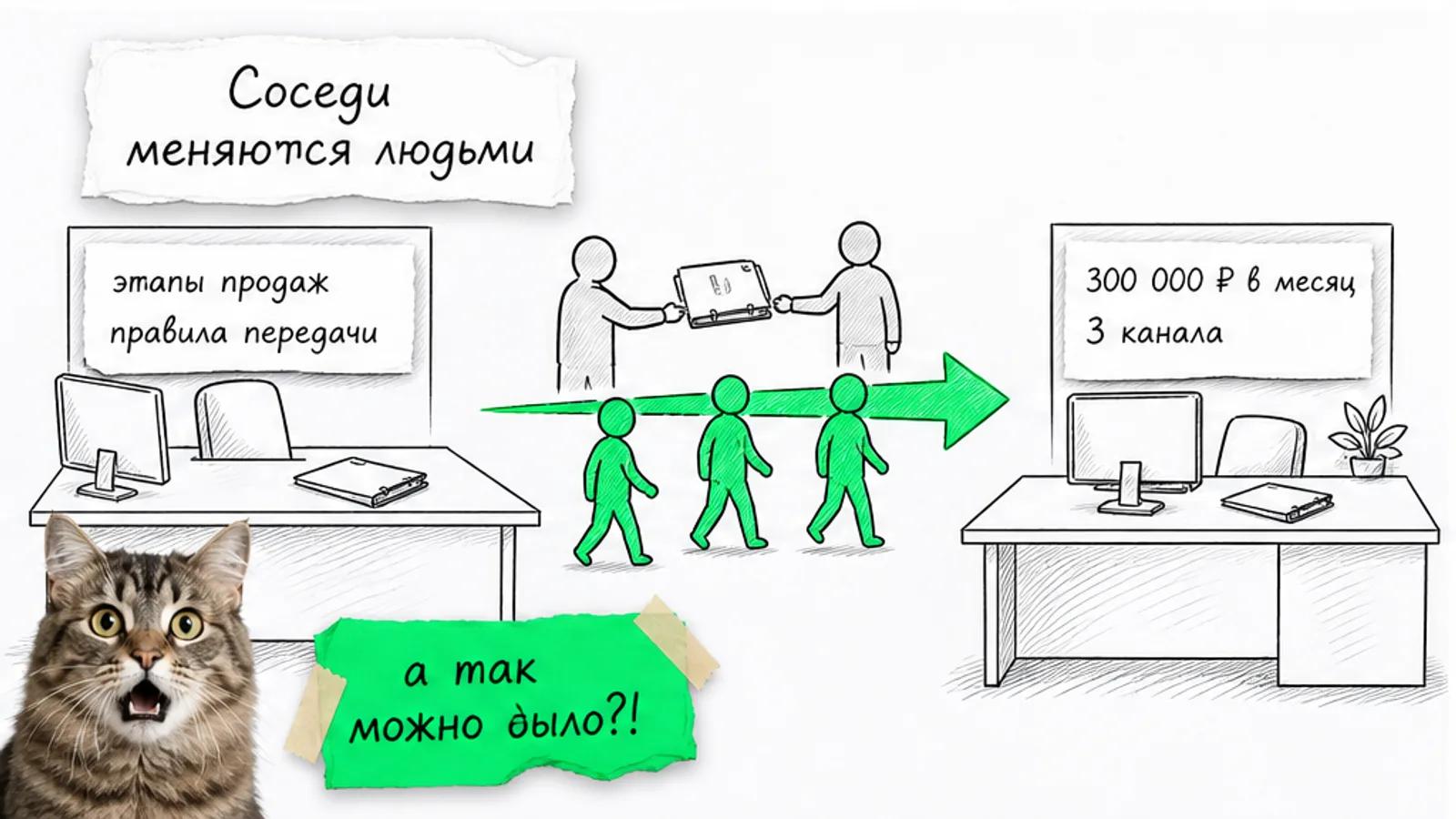 Консалтинговая компания и рекламное агентство соединены зелёной стрелкой, между ними идут люди и передаётся карта.