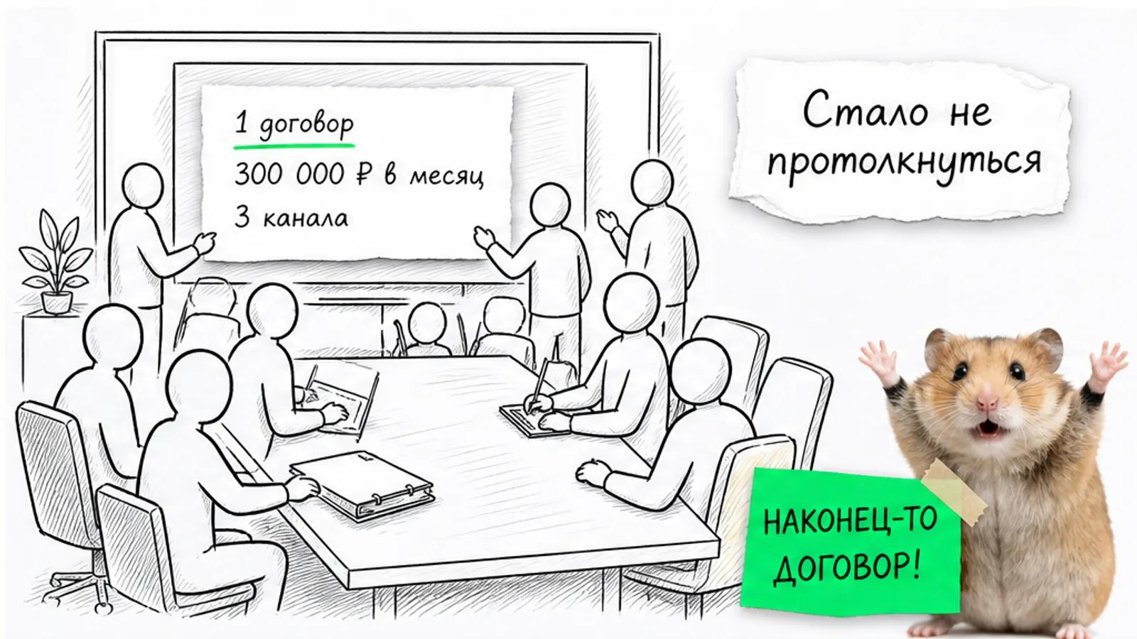 Та же переговорная теперь заполнена людьми, на экране видны один договор, три канала и бюджет 300 000 ₽.
