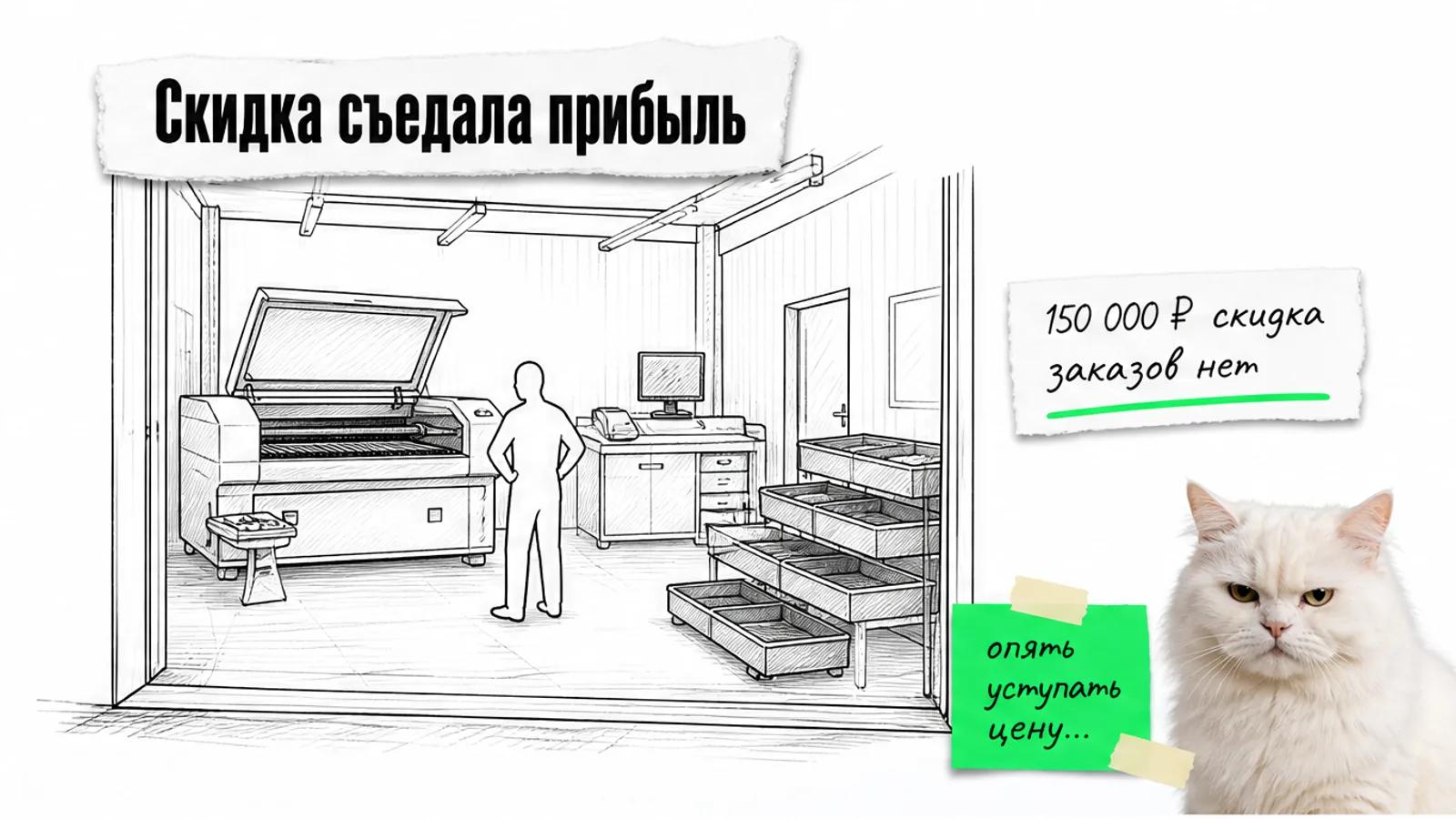 Пустая мастерская с простаивающей лазерной установкой и одним владельцем.