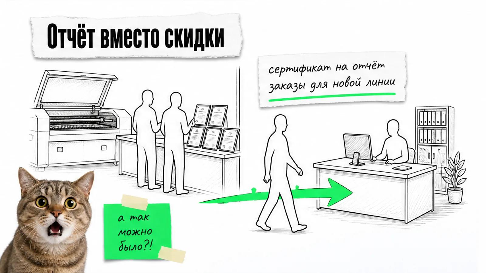 Покупатель переходит от дилера оборудования к специалисту агентства за отчётом.