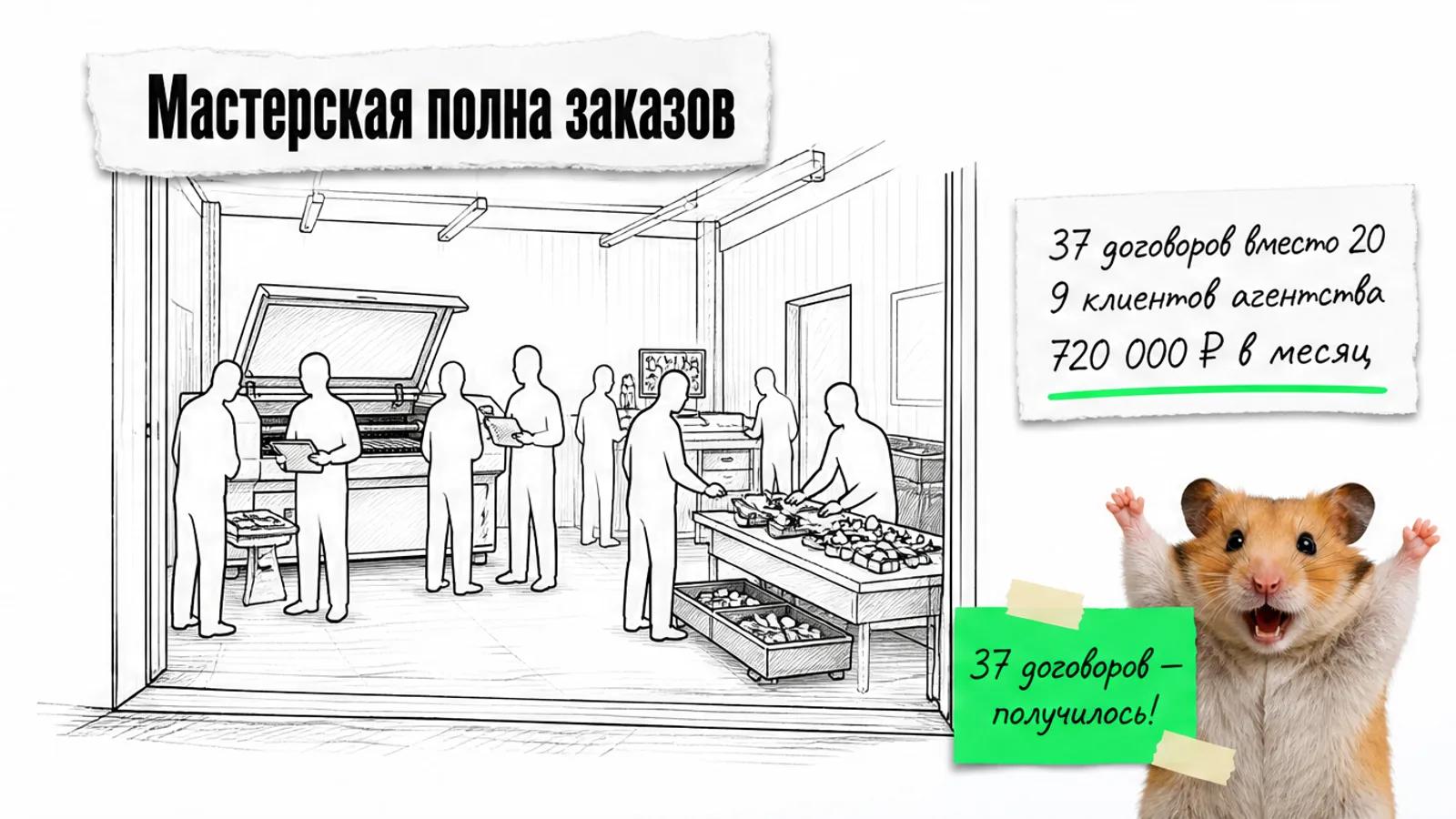 Та же мастерская заполнена людьми, рядом указаны результаты совместной работы.