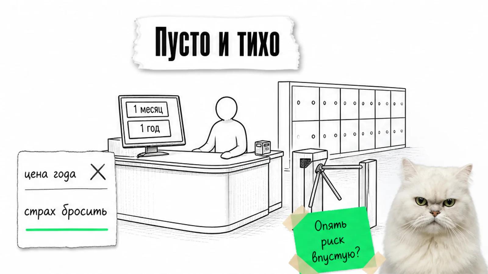 Пустая стойка фитнес-клуба с экраном выбора месяца и года, рядом скептичный кот