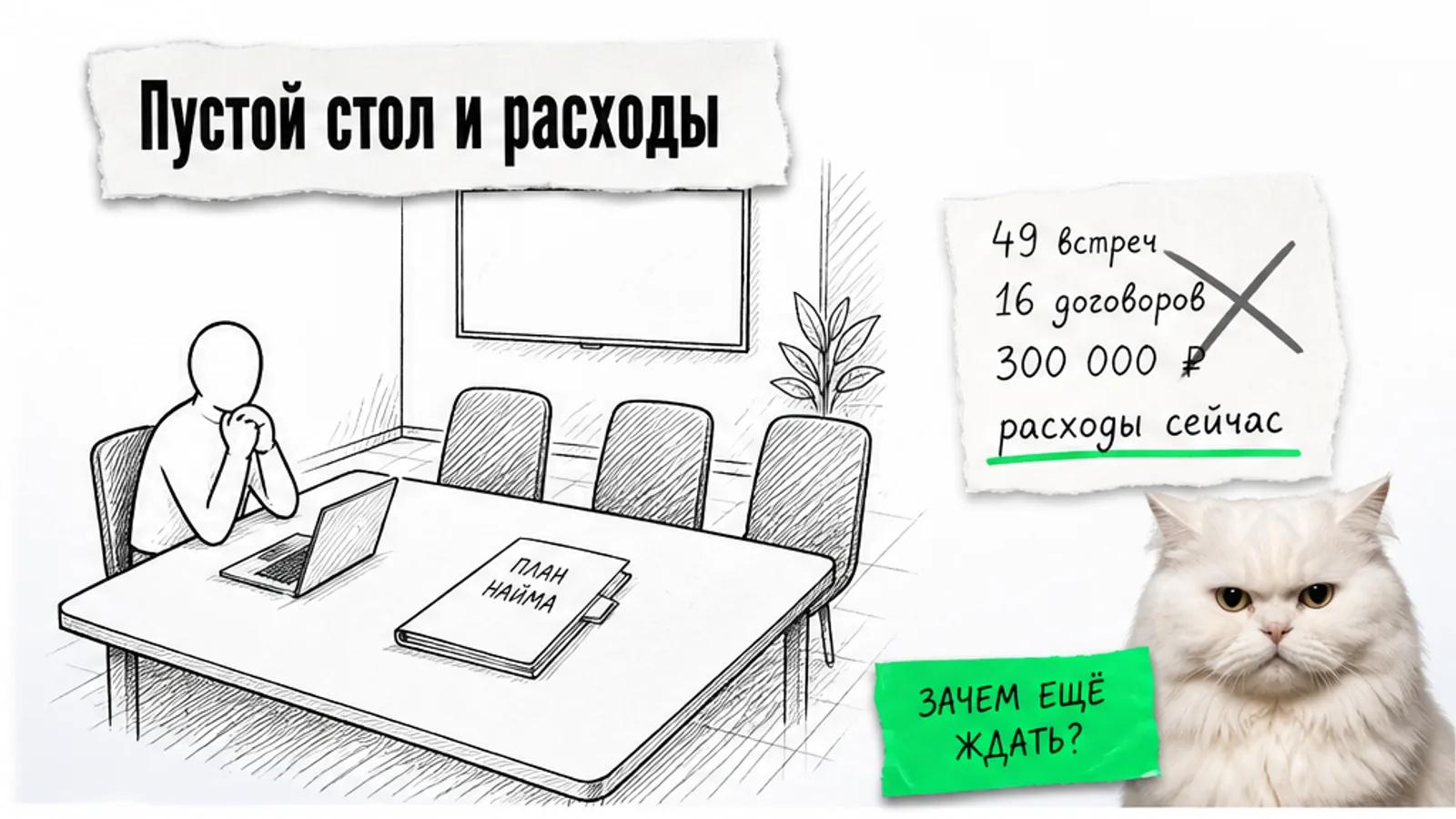 Пустая переговорная с одним силуэтом, столом и карточкой расходов, рядом скептичный кот.