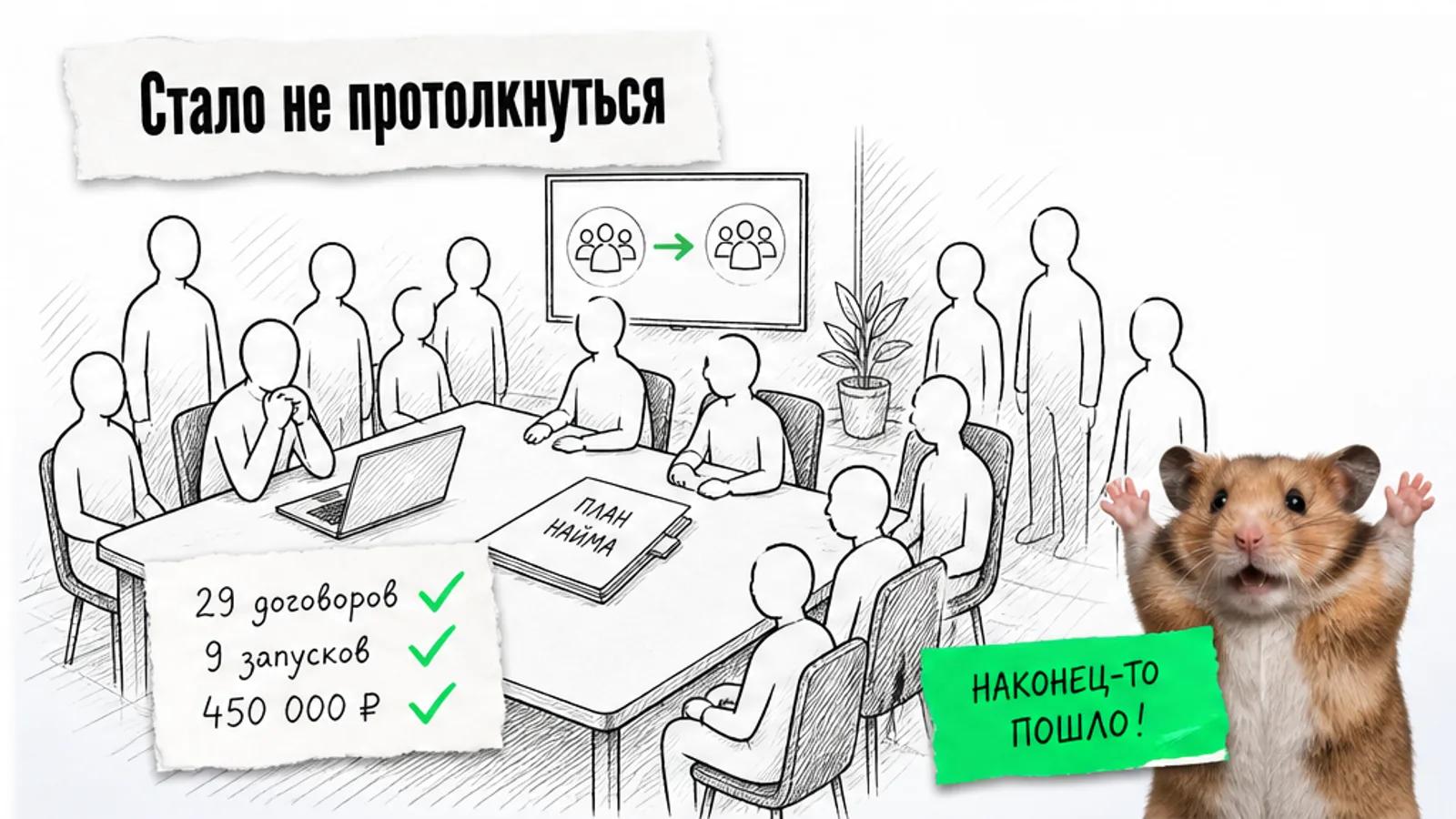 Та же переговорная заполнена силуэтами людей, рядом показаны числа 29 договоров и 9 запусков и торжествующий хомяк.