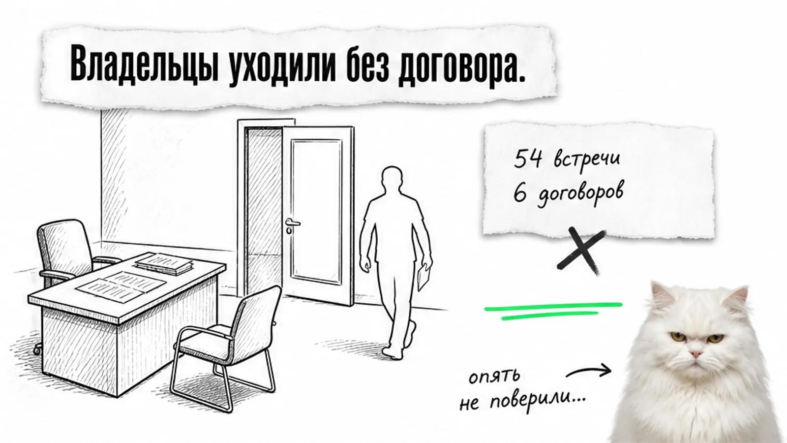 В пустом кабинете владелец уходит от стола с накладными, рядом скептичный кот.