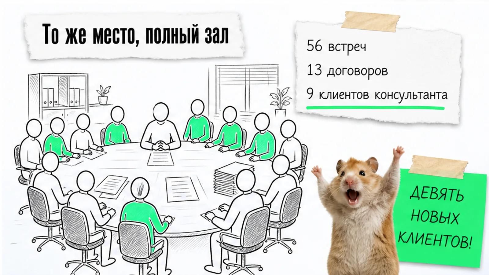 Тот же отдел продаж полон людей; рядом показаны 56 встреч, 13 договоров и 9 клиентов.