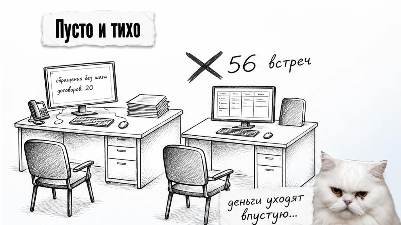 Пустой офис настройщика с двумя столами и мониторами, рядом скептичный белый кот.