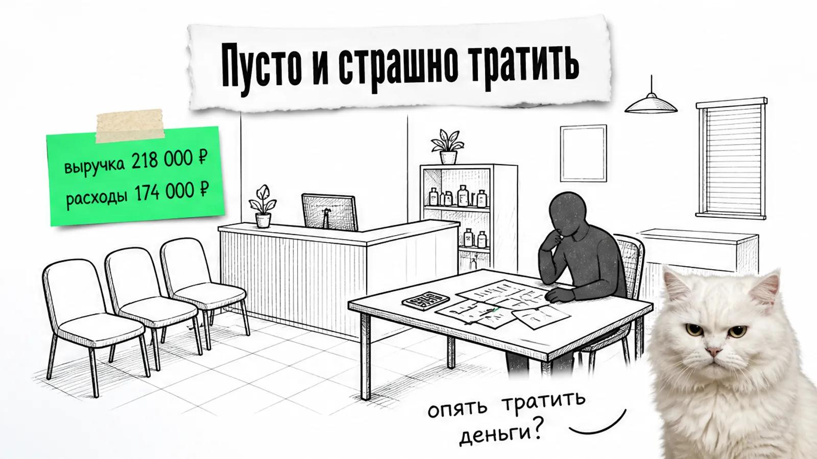 Владелец сидит в пустой студии бытовых услуг перед таблицей расходов.