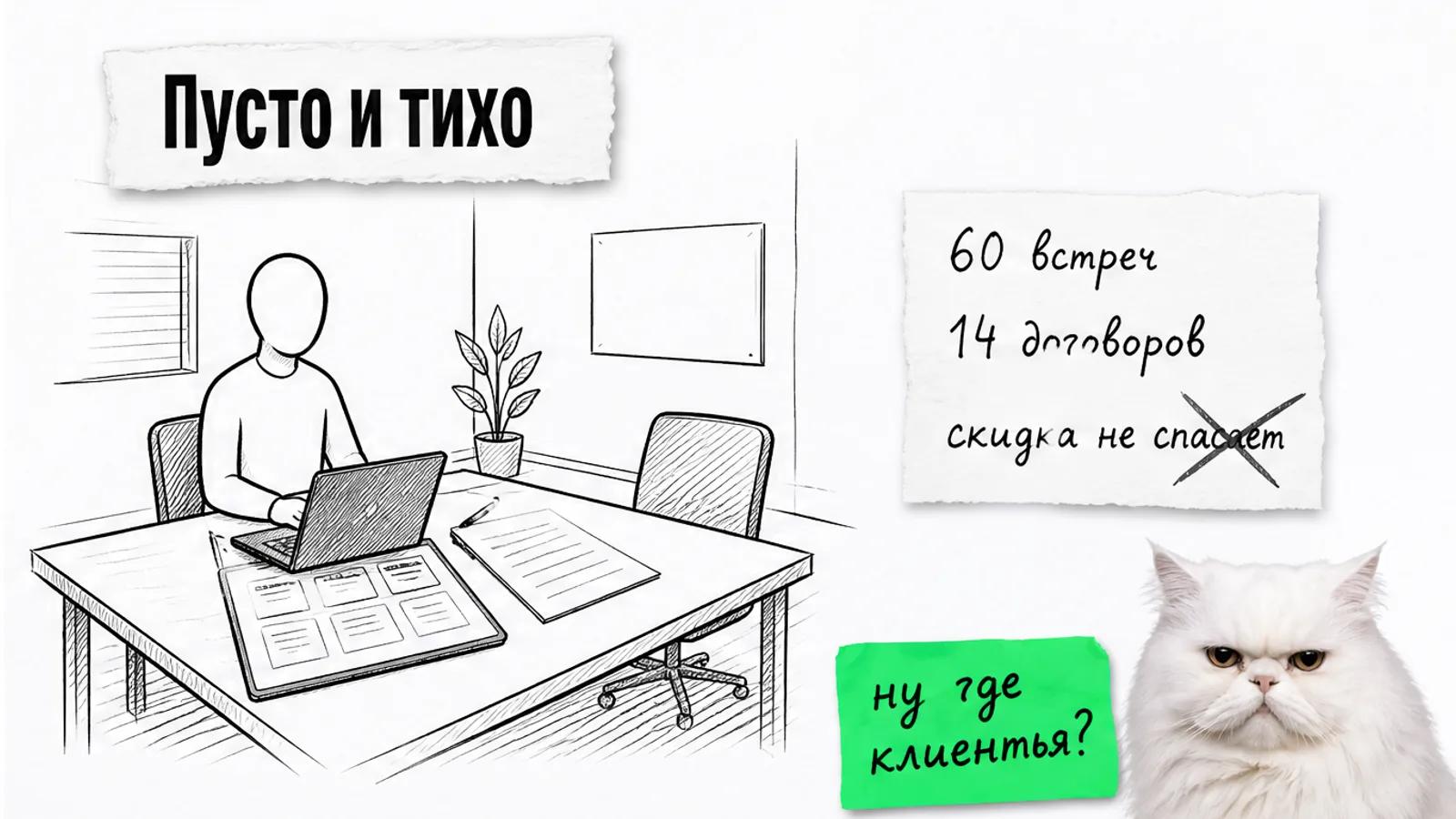 Пустое место встречи с предложением на настройку продаж и одним менеджером, рядом скептичный кот.