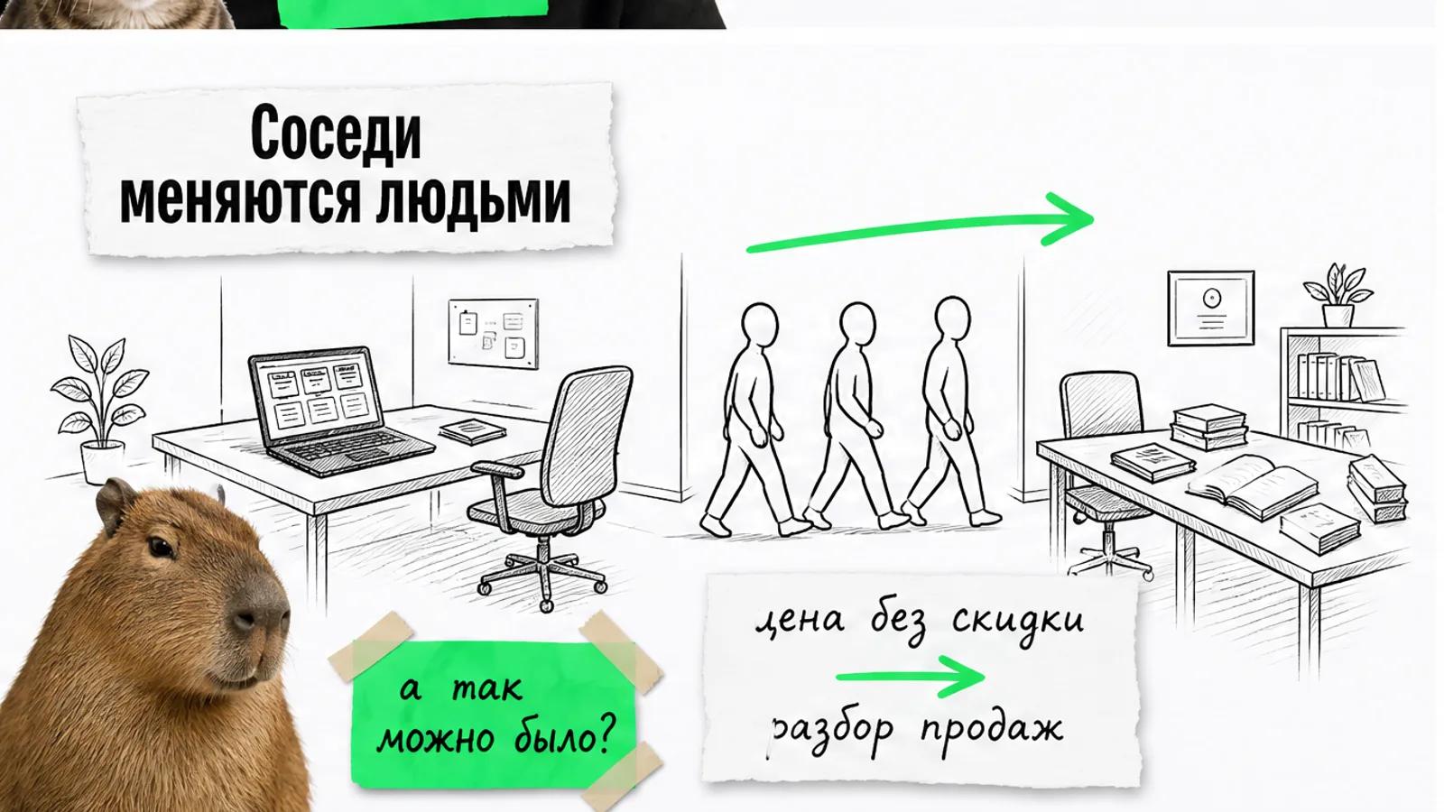 Два соседних бизнеса соединены зелёной стрелкой, по ней идут люди, рядом удивлённая капибара.
