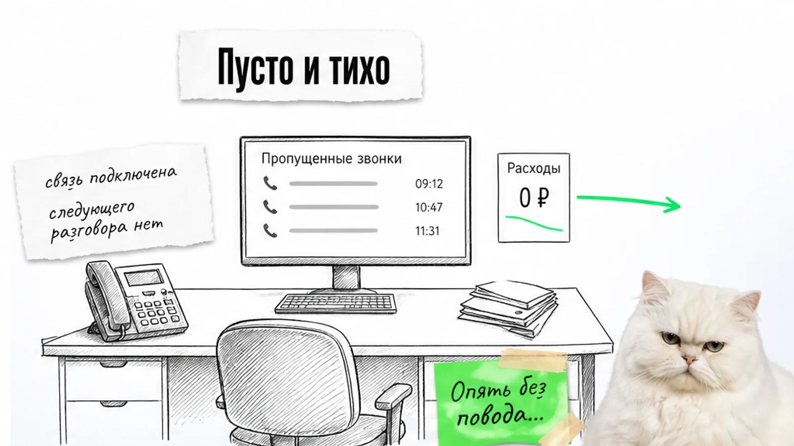 Пустое рабочее место оператора с экраном пропущенных звонков и одной запиской.