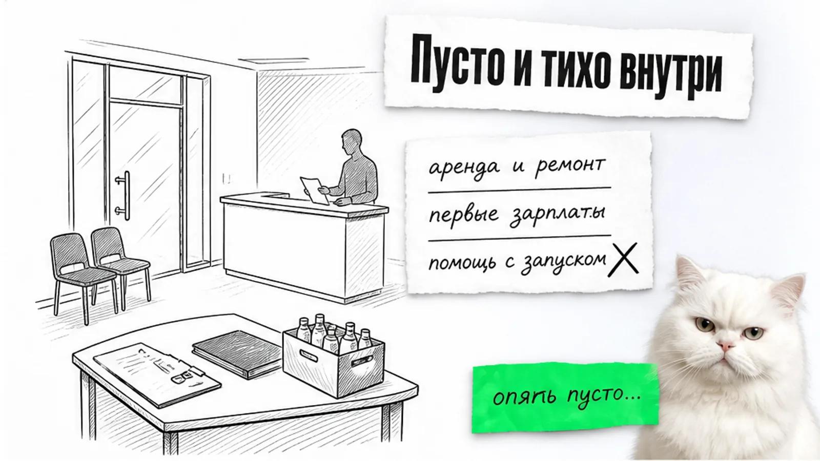 Пустая студия услуг в бизнес-центре, один владелец и тихая стойка с документами, рядом скептичный кот.