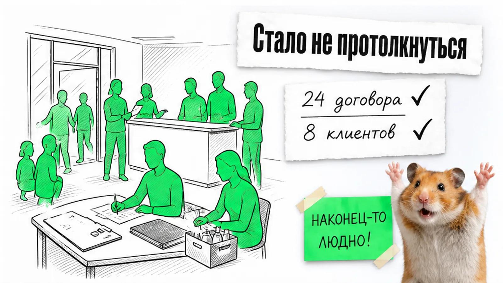 Та же студия услуг с той же точки зрения заполнена людьми, рядом показаны результаты 24 договора и 8 клиентов.
