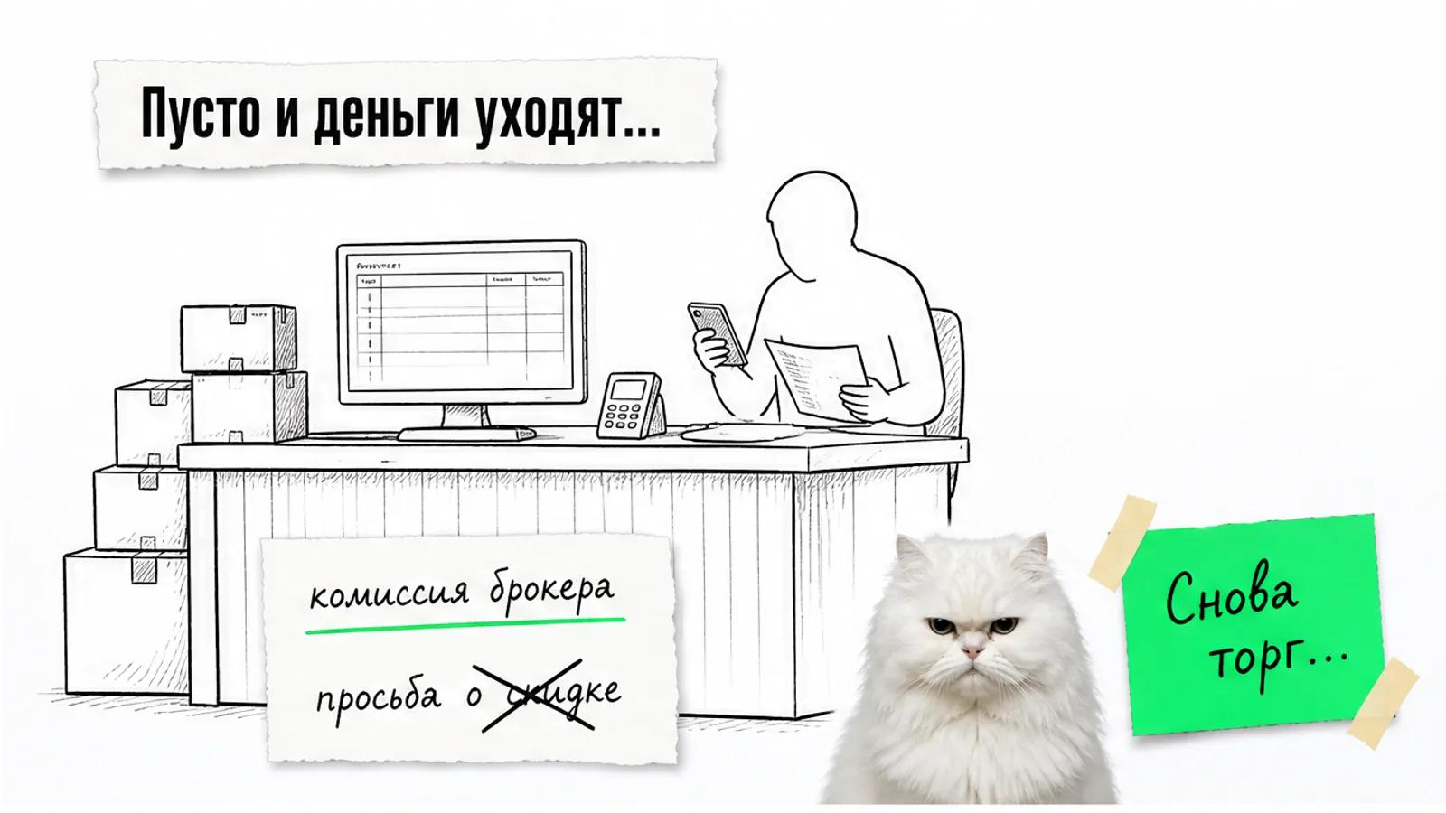 Пустое рабочее место владельца магазина на маркетплейсе, один силуэт и скептичный кот.