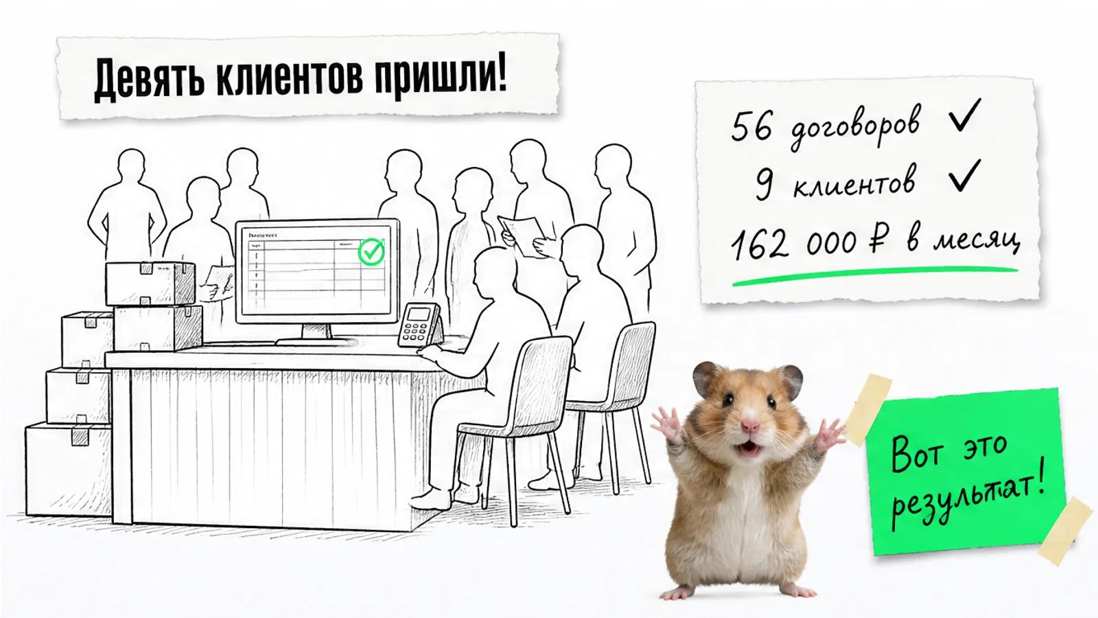 То же рабочее место заполнено людьми, рядом хомяк с поднятыми лапами и цифры результата.