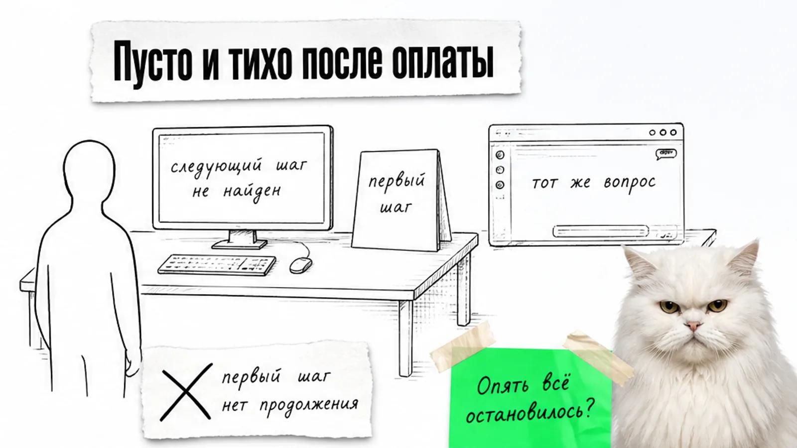 Пустой кабинет цифрового продукта с одним силуэтом у экрана, где клиент не делает следующий шаг.