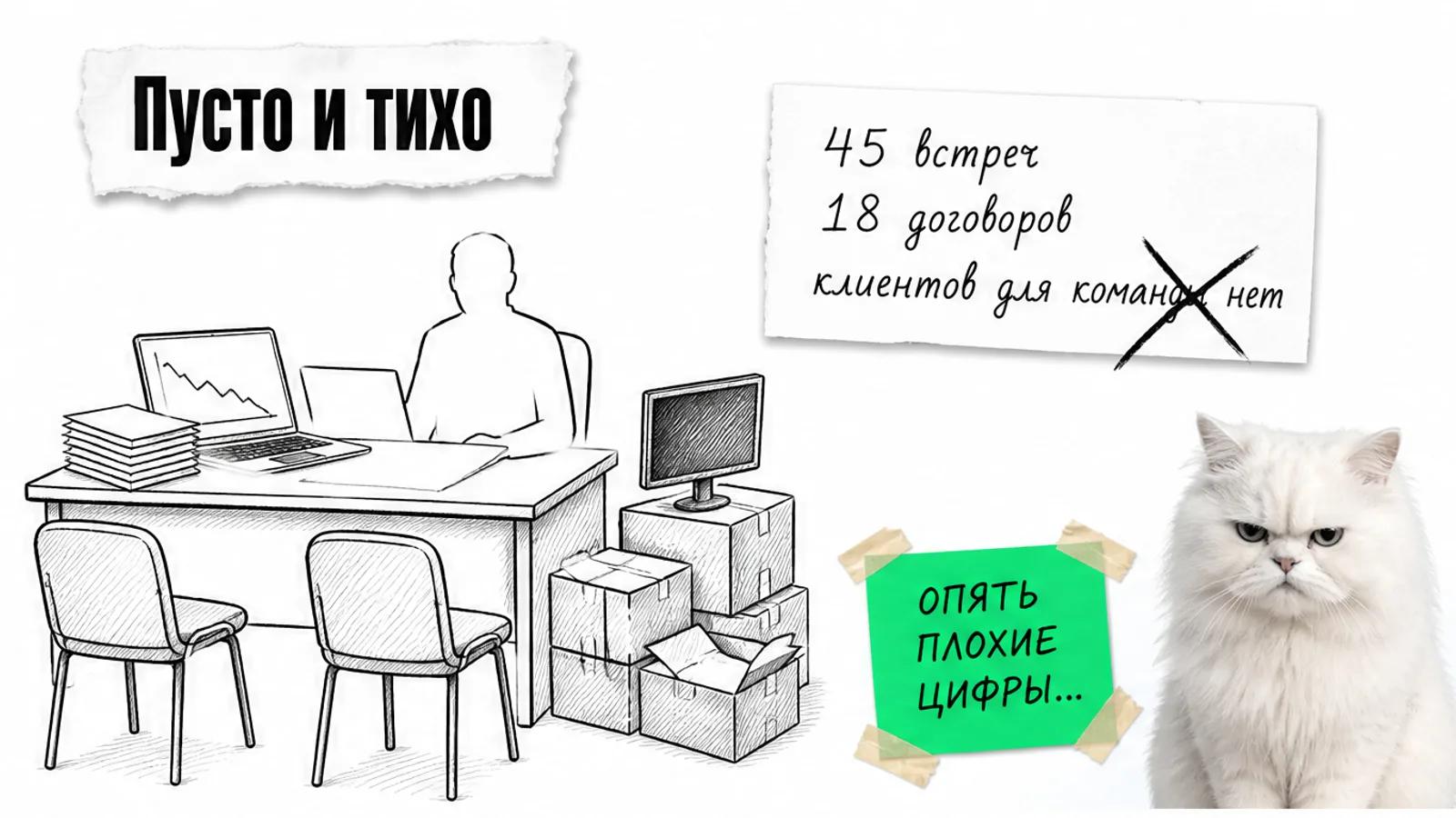 Пустое место интернет-магазина с отчётом о потерях, коробками возвратов и скептичным котом.