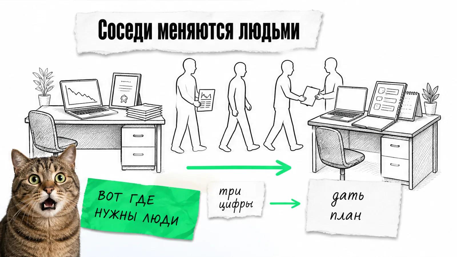 Два соседних рабочих места соединены зелёной стрелкой, а люди переходят от финансового директора к команде сервиса.