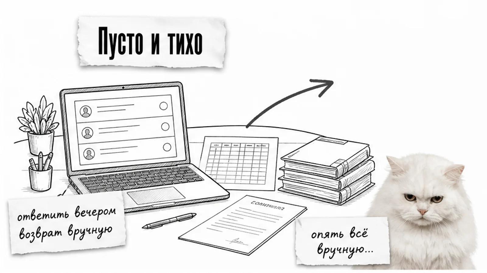 Пустое рабочее место владельца школы с чатами, возвратами и расходами впустую.