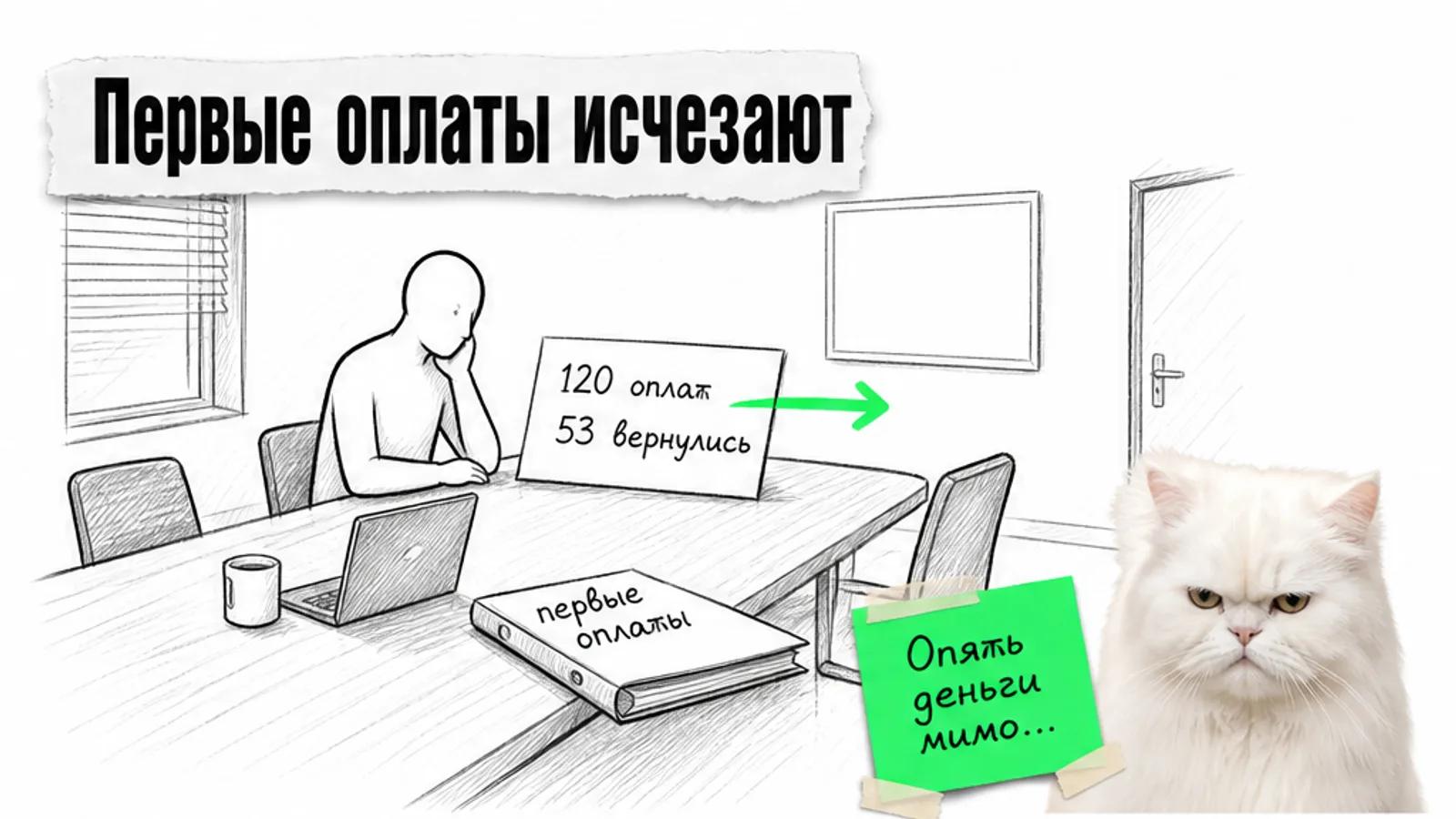Пустая переговорная с отчётом о первых оплатах и скептичным белым котом.