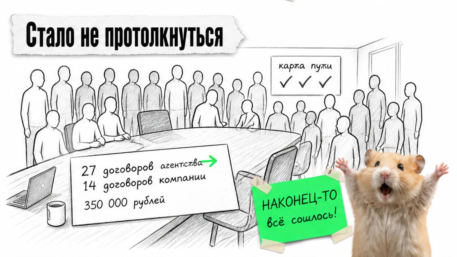 Та же переговорная заполнена людьми, рядом карта пути и результаты 27 и 14 договоров.