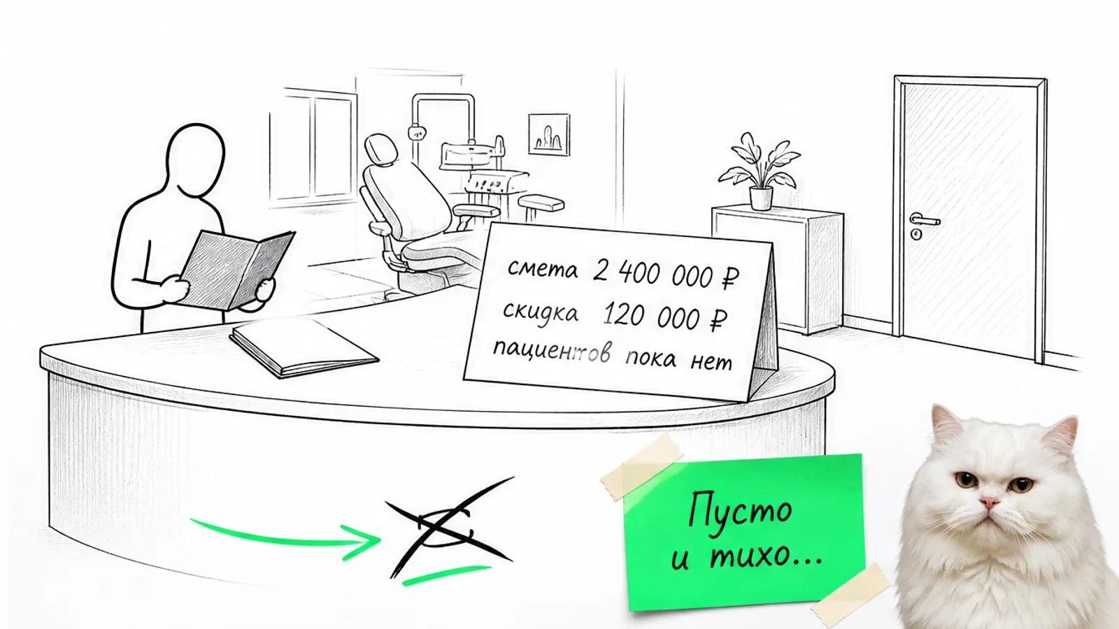 Пустая стойка новой клиники со сметой и одним силуэтом владельца, рядом скептичный кот.