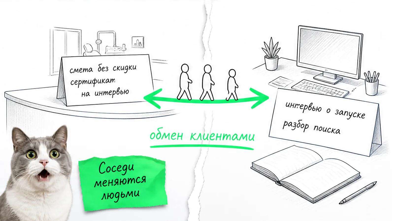 Стойка клиники и стол редакции соединены зелёной стрелкой, между ними идут силуэты клиентов, рядом удивлённый кот.