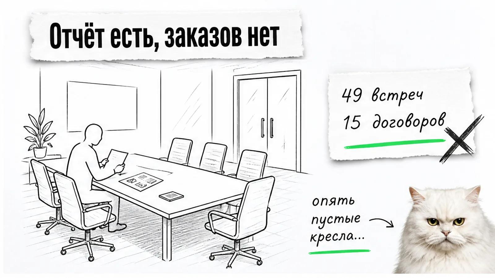 Владелец один у финансового отчёта в пустой переговорной, рядом скептически смотрит кот.