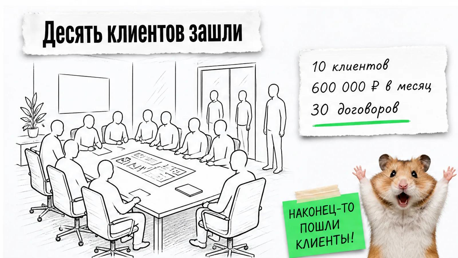 Десять силуэтов заполнили ту же переговорную; карточка показывает 10 клиентов и 600 000 рублей в месяц.