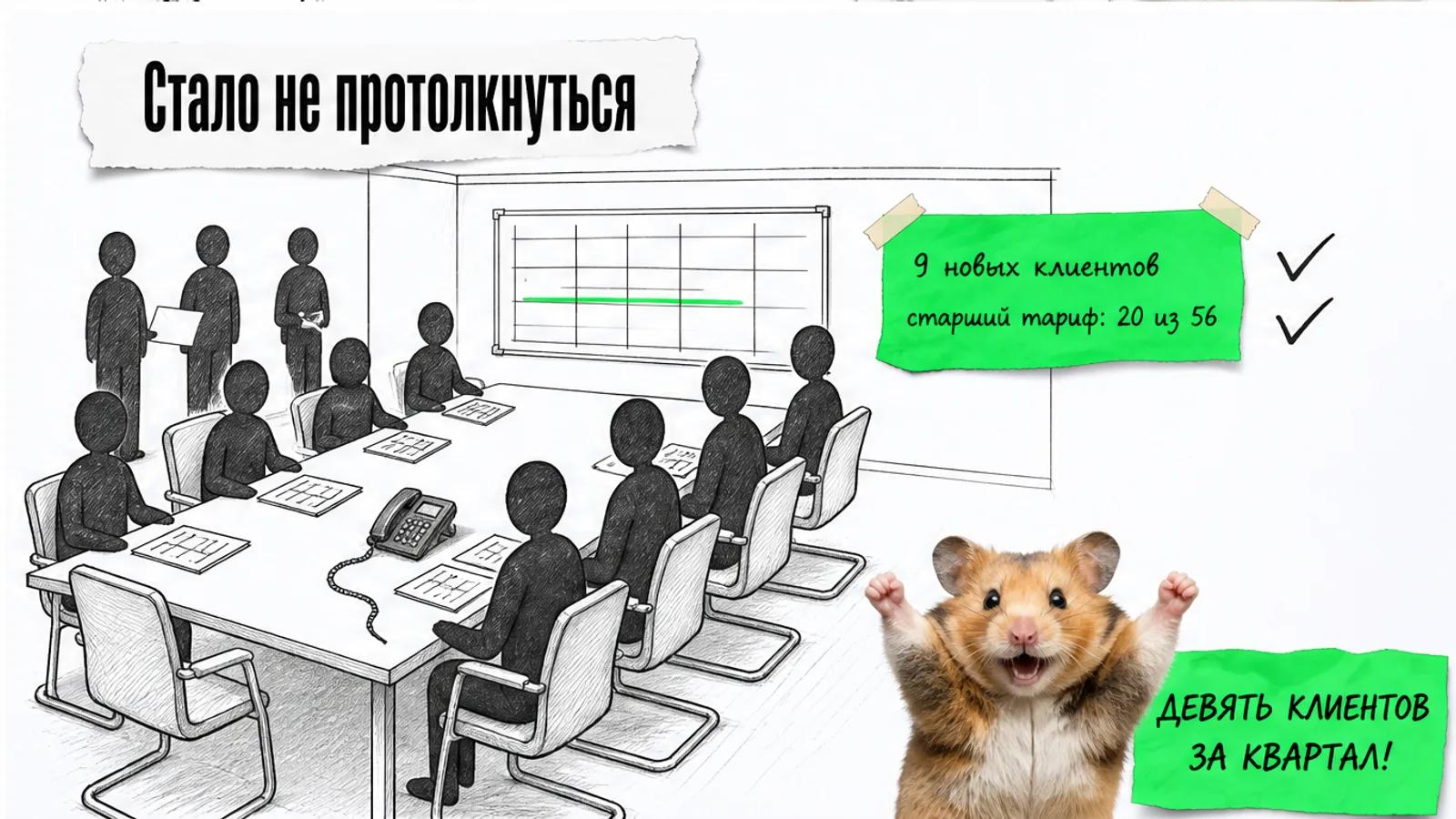 Та же переговорная полна людей, на карточке 9 новых клиентов и 20 из 56, рядом хомяк с поднятыми лапами