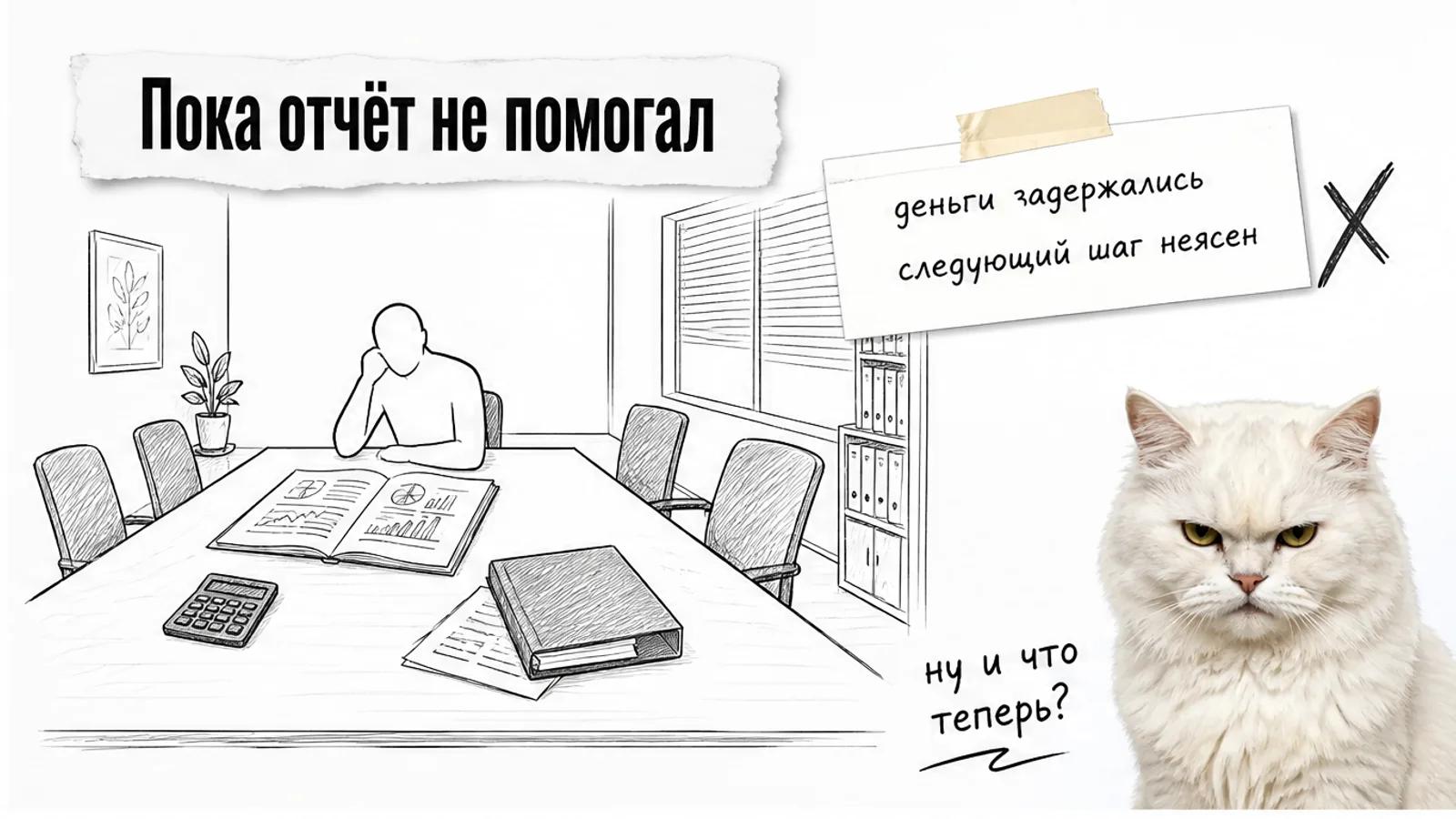 В пустой комнате для финансовой встречи владелец изучает отчёт за столом с пустыми стульями.