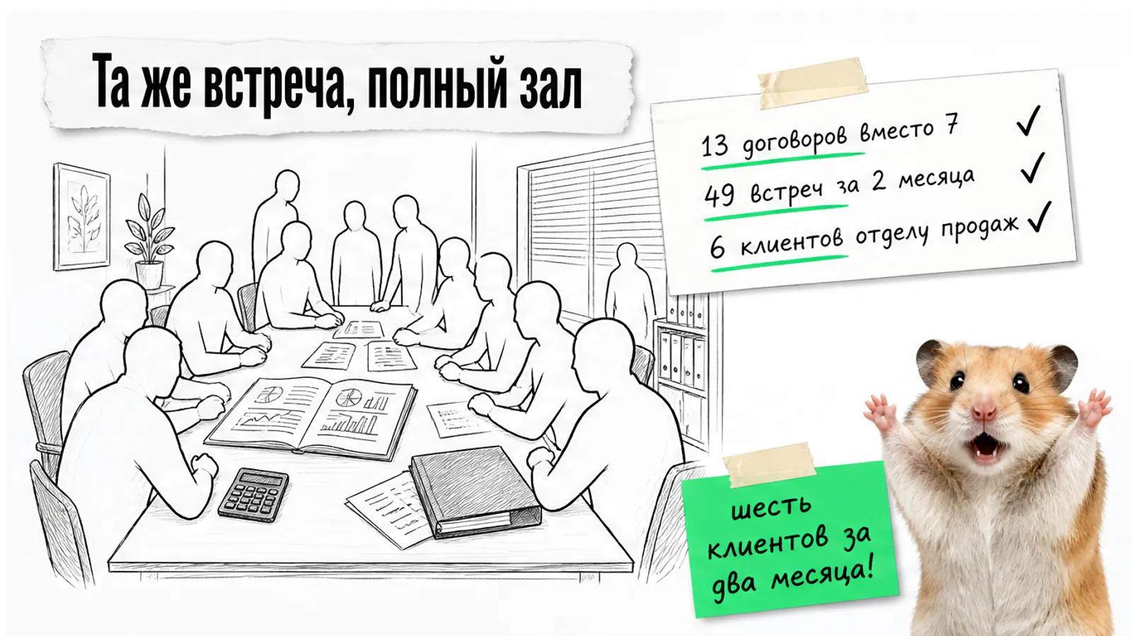 Та же комната для финансовой встречи заполнена людьми; карточки показывают рост договоров и шесть клиентов.