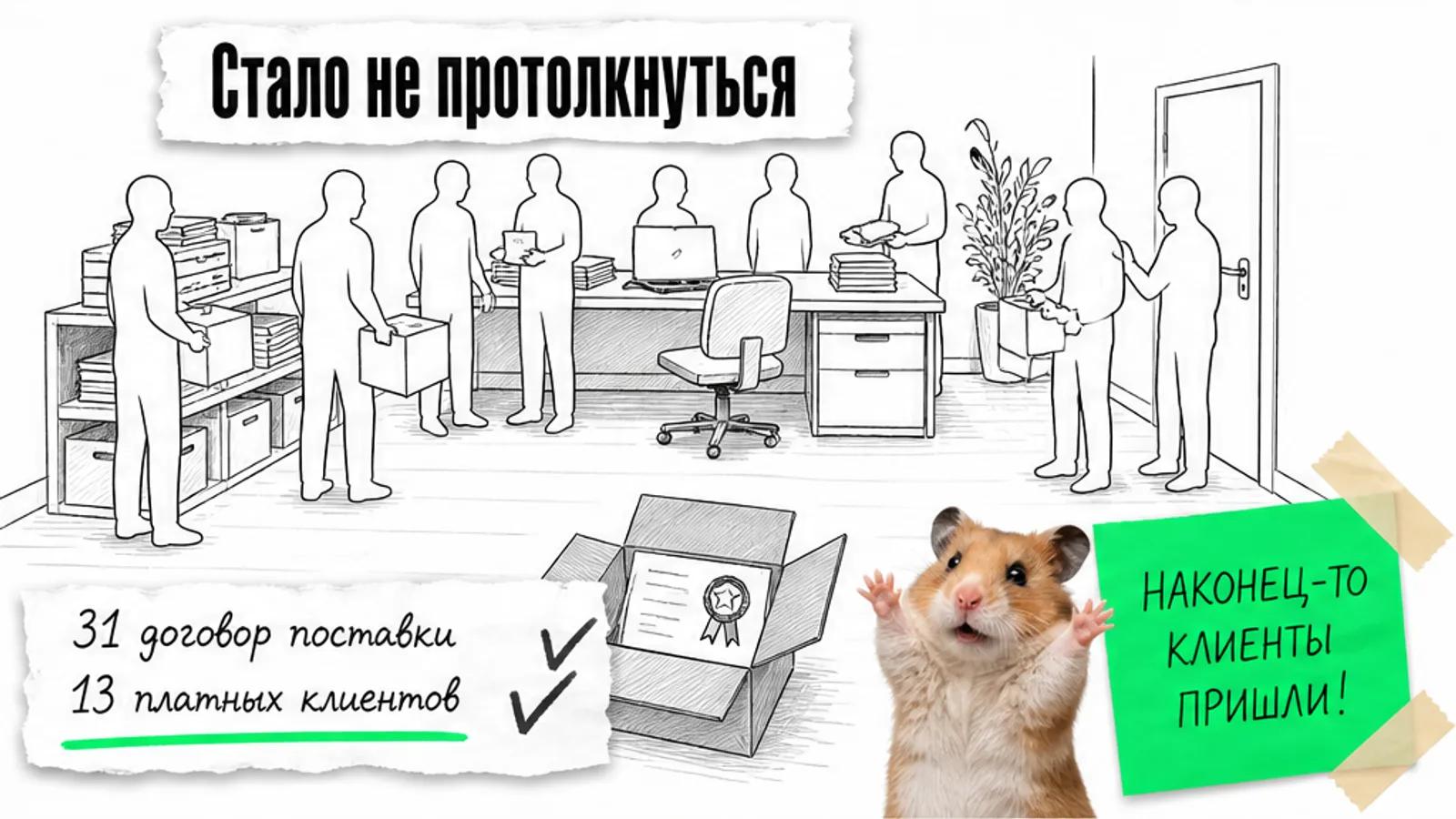 Тот же офис полон людьми, рядом указаны 31 договор поставки и 13 платных клиентов