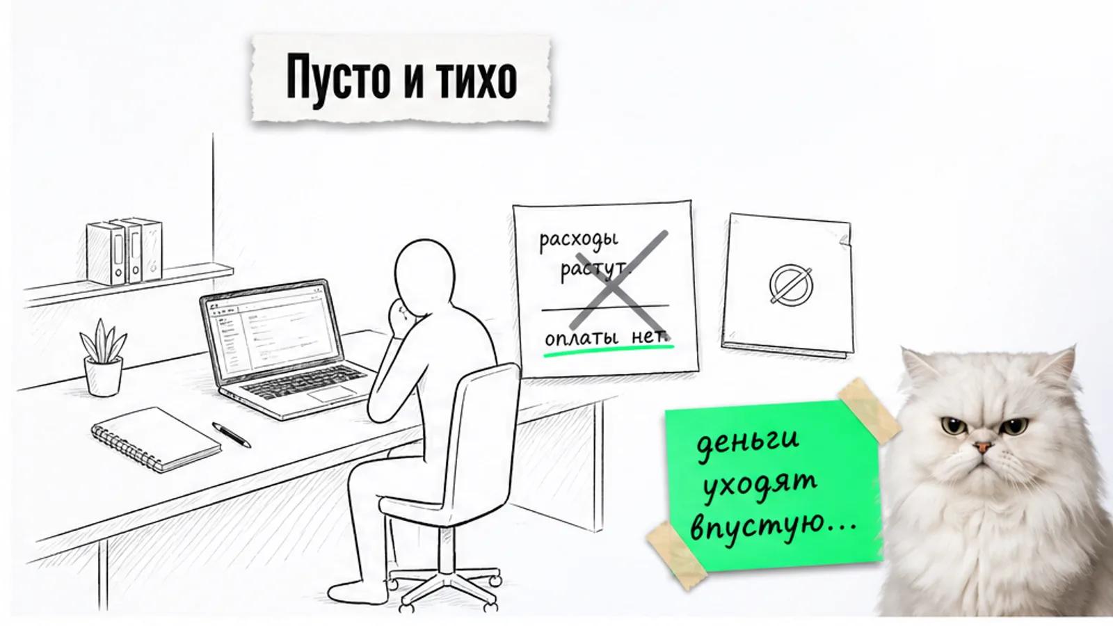 Пустой кабинет агентства с ноутбуком, таблицей расходов и одним силуэтом менеджера, рядом скептичный кот.